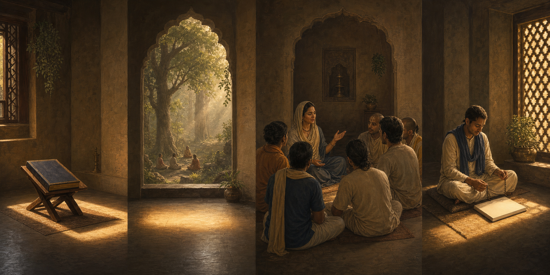 Four illuminated scenes show a sacred book, its forest setting, a fictional teacher, and a listener reflecting with prayer beads.