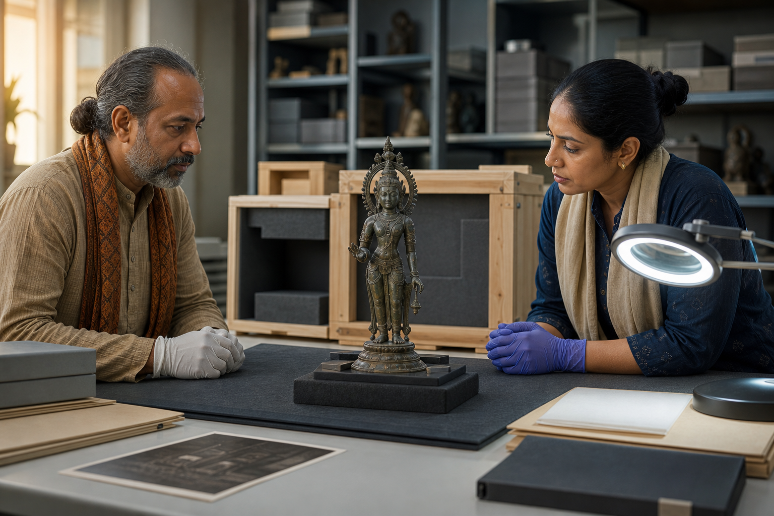 An Indian conservator and a community custodian examine a bronze sacred figure on a padded table beside an open transport crate in a conservation room.