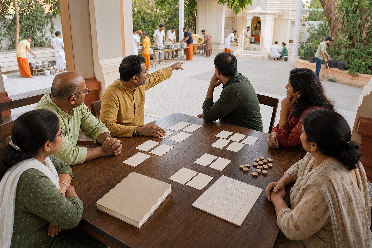 Temple leaders and congregation representatives organize blank planning cards and responsibility markers at a wooden table.