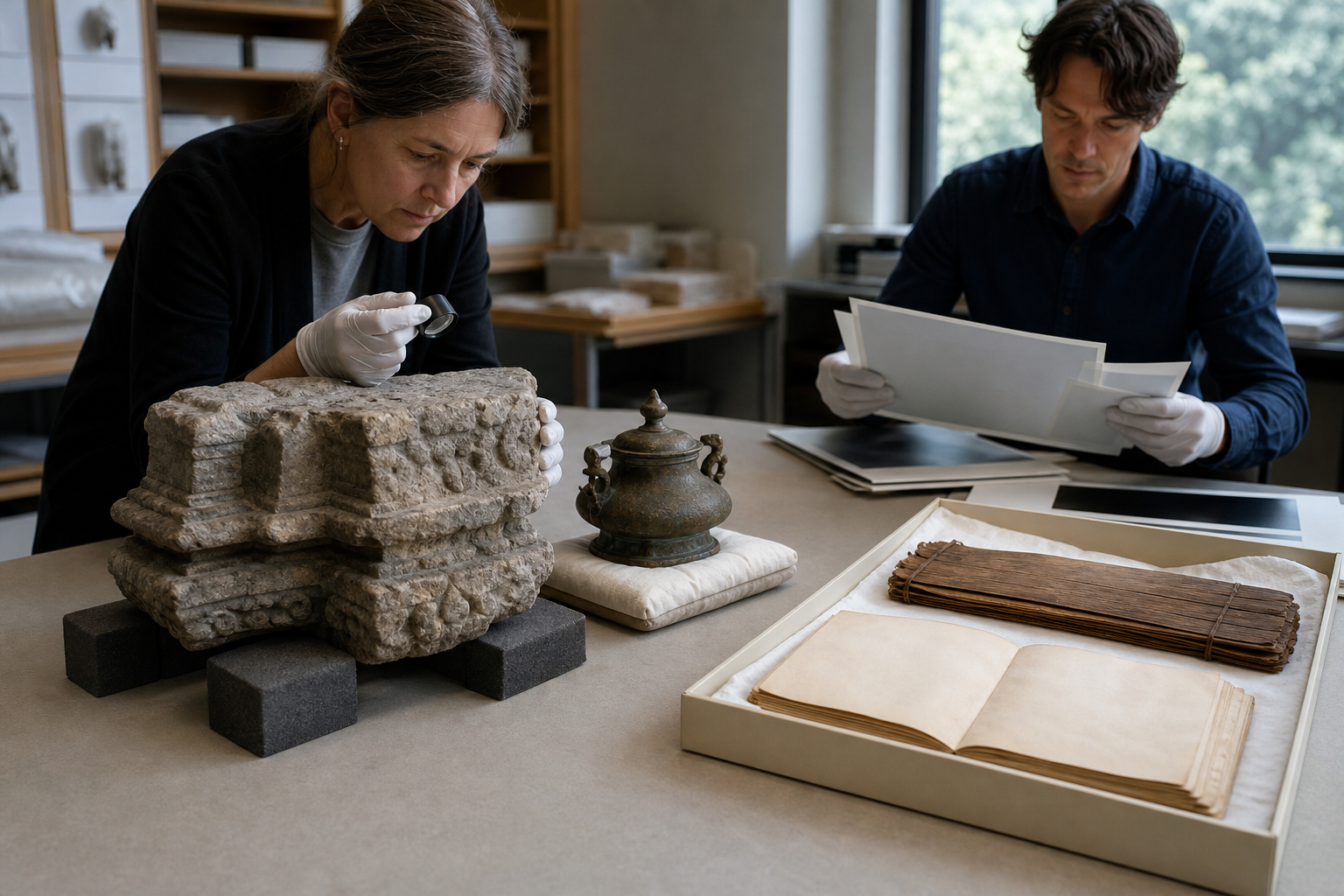 A curator studies a stone fragment, bronze ritual object, family papers, and palm-leaf manuscript arranged on conservation supports in a museum study room.