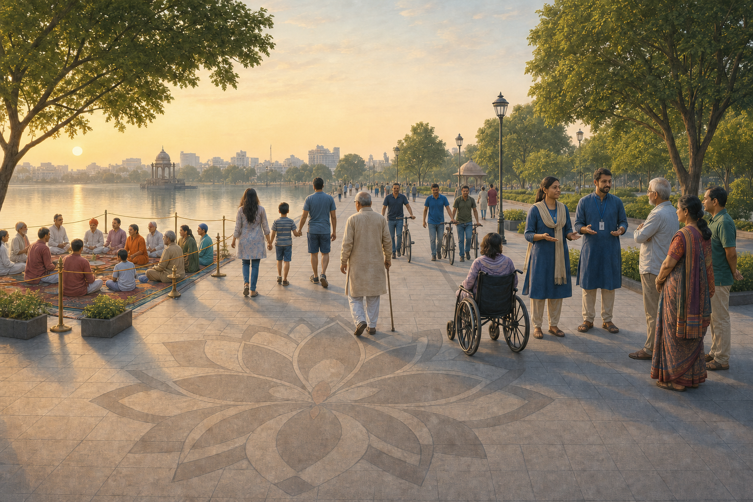 A small prayer gathering occupies one side of a lakeside plaza while pedestrians use an open central path and civic facilitators speak with nearby residents.
