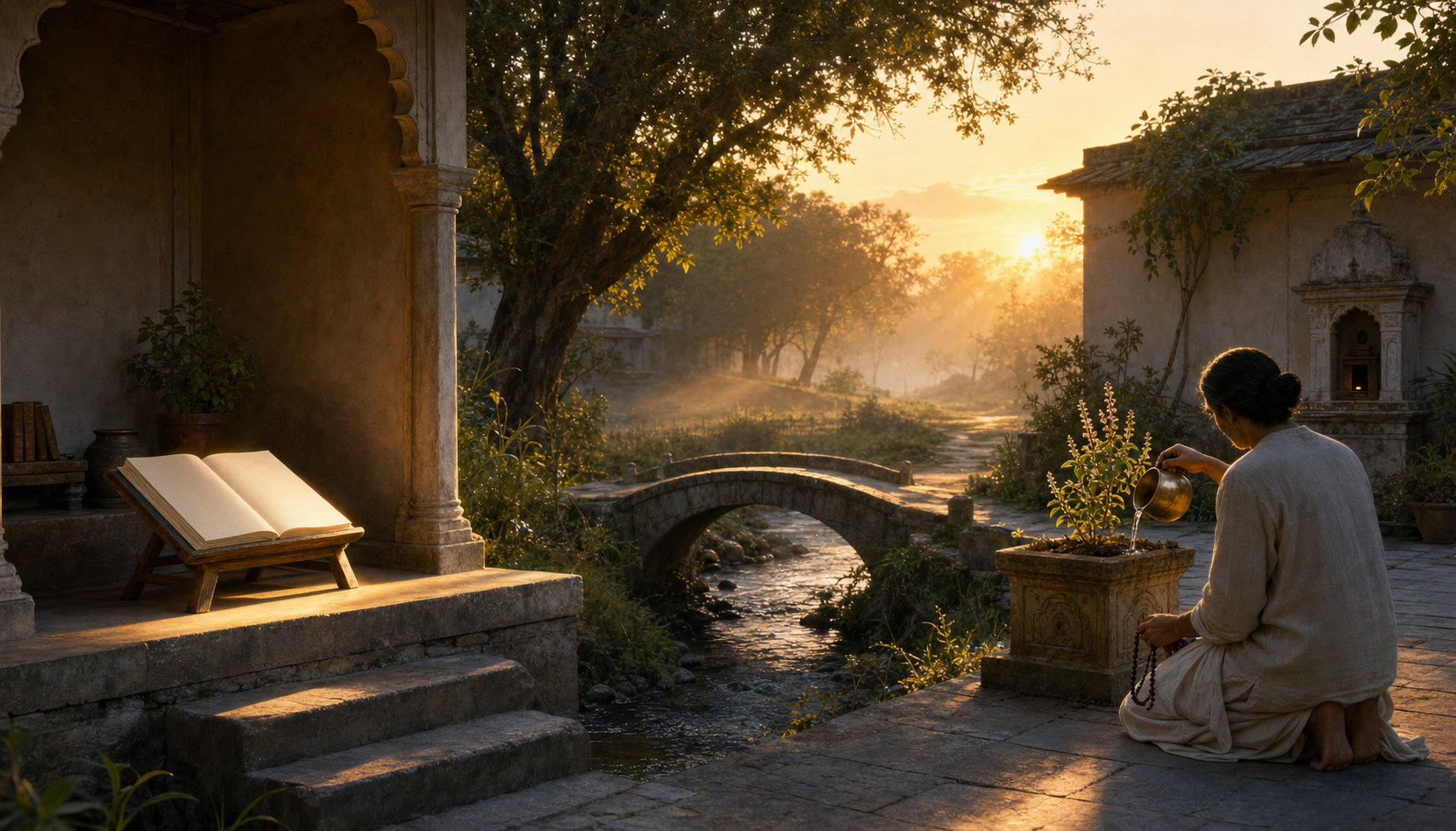 A stone bridge visually connects a scripture study space with a person watering a tulasi plant at dawn.