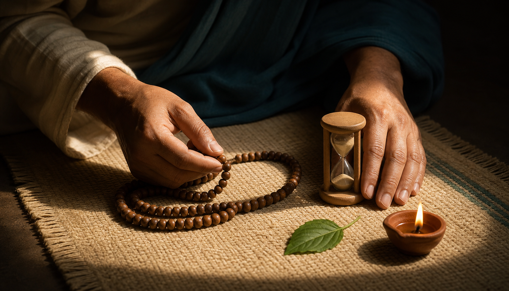 Hands move one wooden prayer bead beside an unmarked sand timer in a small circle of morning light.