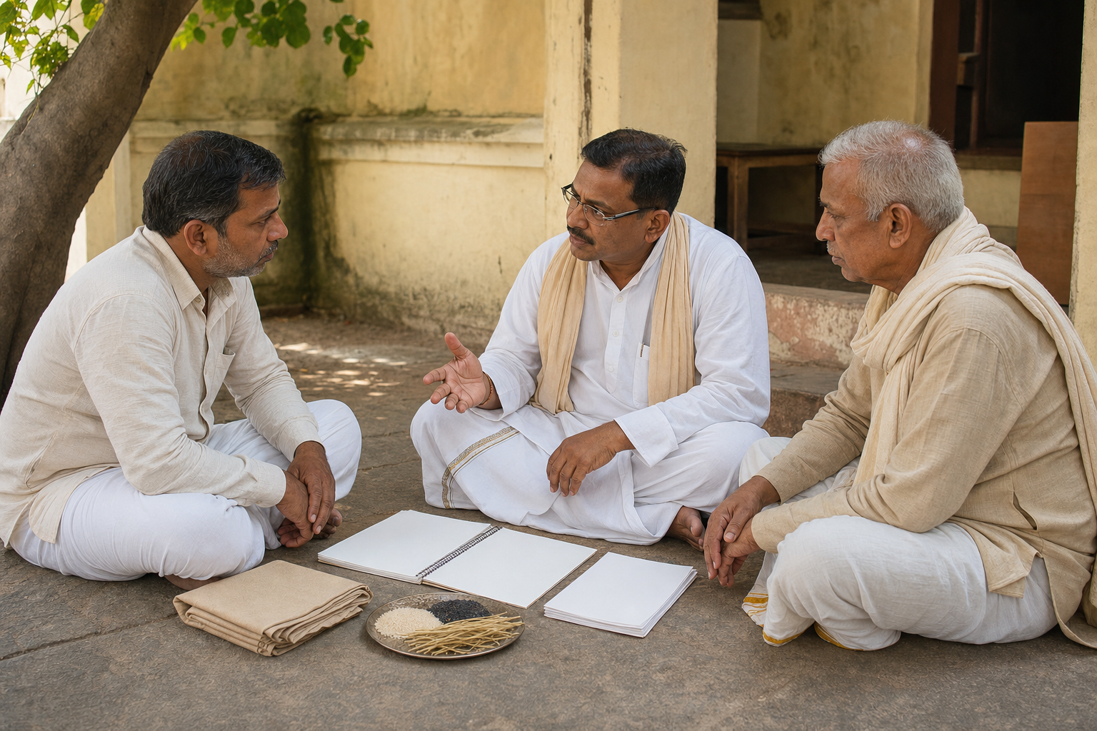A pilgrim consults two Hindu priests in a quiet courtyard beside unmarked papers and a tray of basic Shraddha materials.