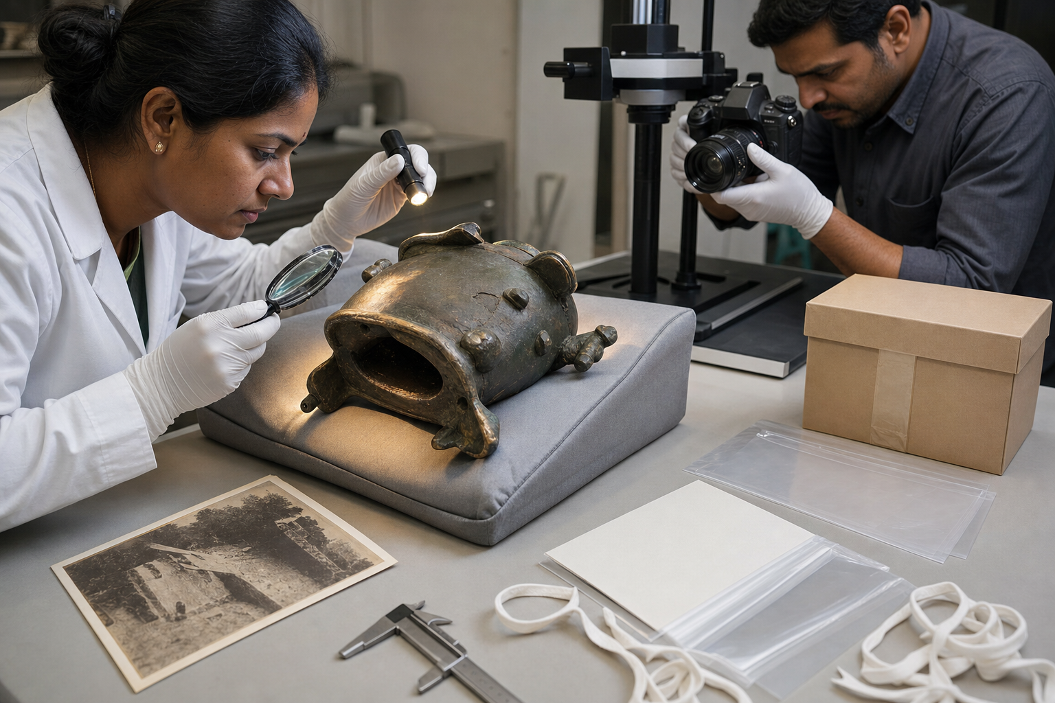 Two researchers document the underside, casting seams, and surface wear of a bronze sculpture using a magnifier, raking light, and a camera.