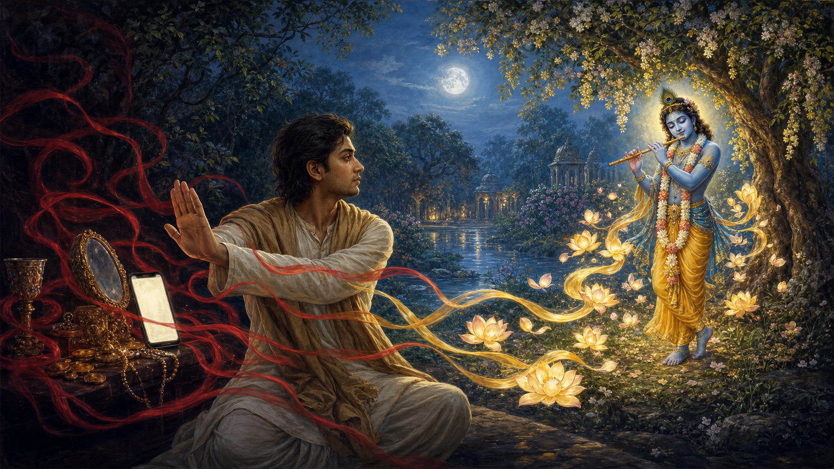 A seeker turns from symbols of worldly attraction as red ribbons become golden lotus petals flowing toward flute-playing Krishna in a moonlit grove.