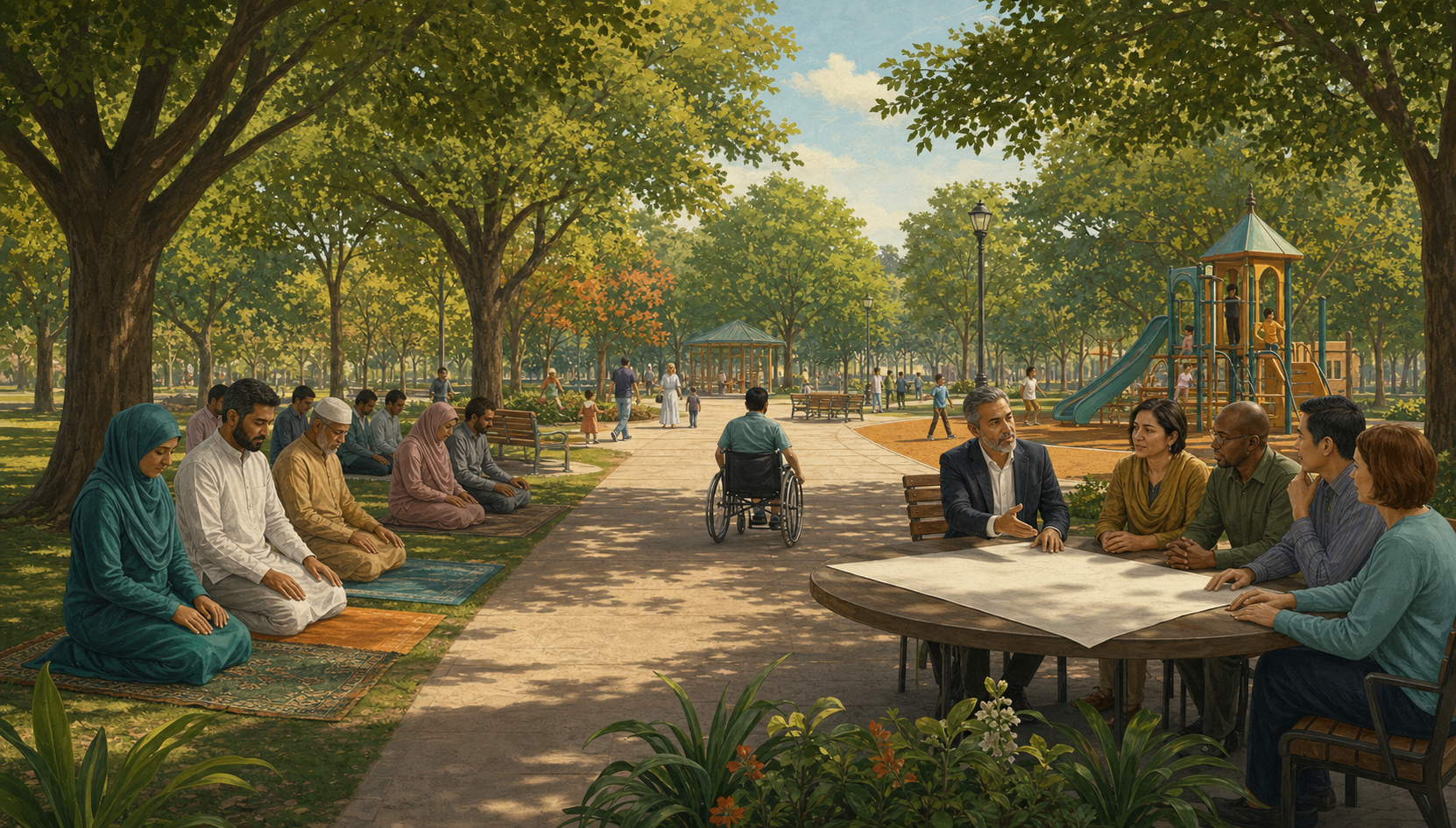 A quiet prayer group, an accessible shared park, and a civic discussion appear as three connected parts of one public-space scene.