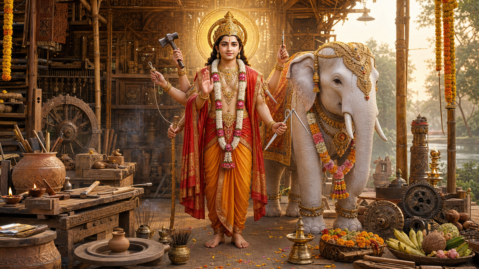 Illustration of a youthful crowned Vishwakarma holding artisan tools beside a decorated white elephant in a Bengali workshop shrine.