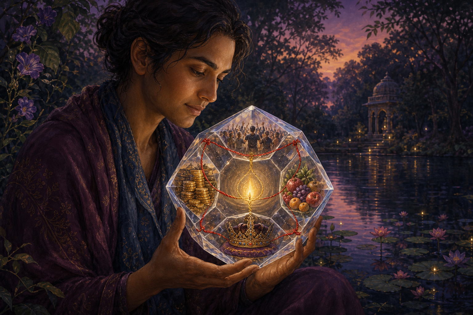 A seated person studies a crystal reflecting pleasure, wealth, status and admiration around a small golden flame at its center.