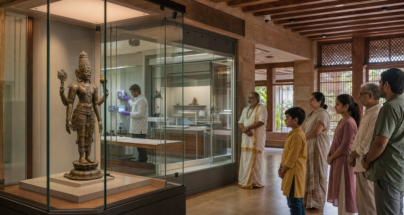 A returned bronze figure stands in a secure display case while a conservator, a traditional custodian, and community visitors gather nearby.