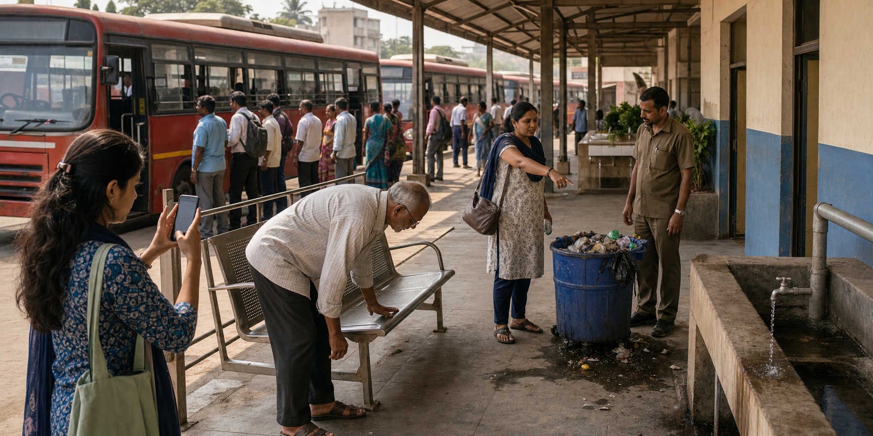 Commuters and a depot supervisor inspect seating, waste bins, and a leaking tap at a Maharashtra bus depot while passengers wait near red buses.
