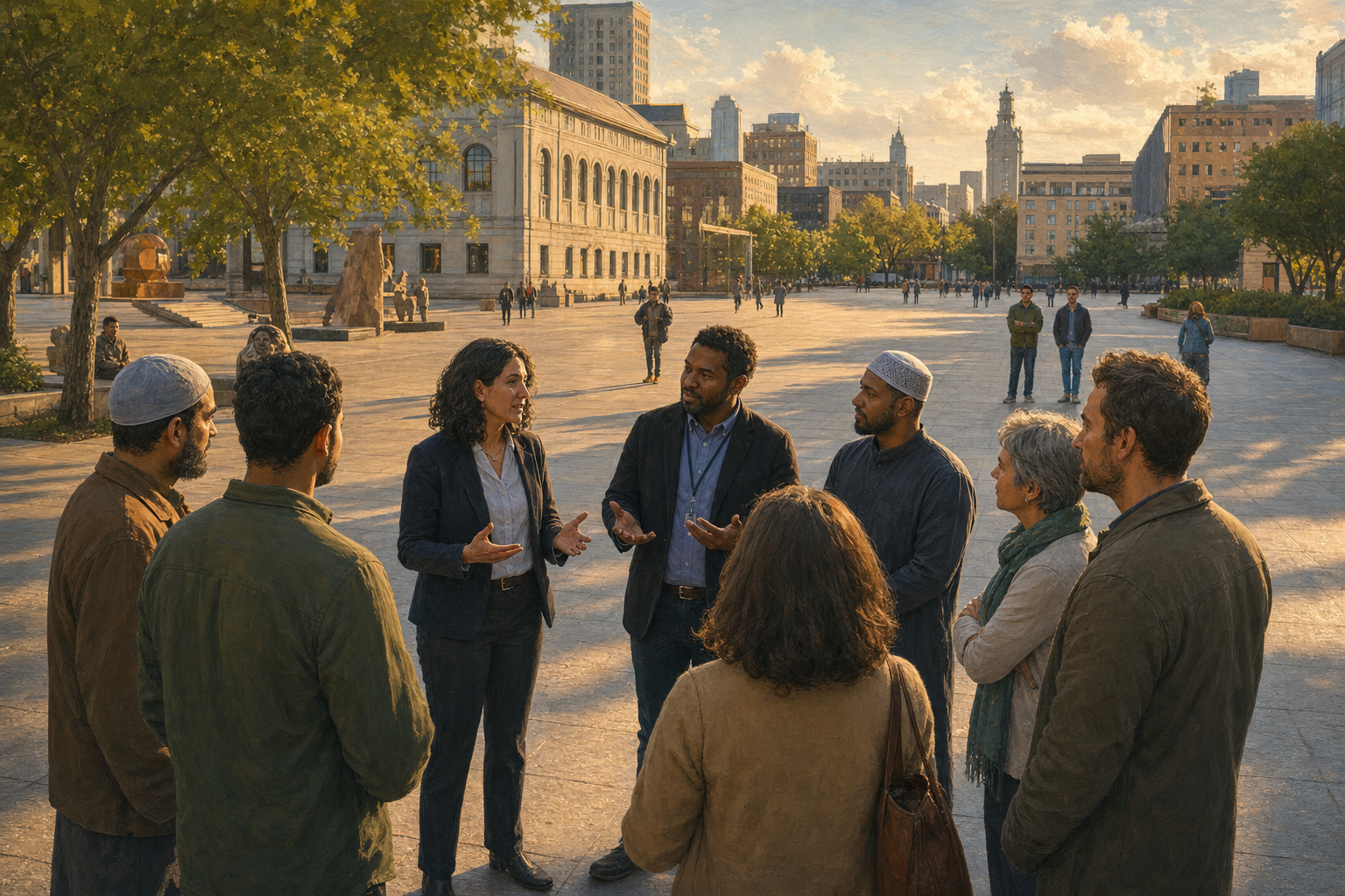 Community mediators speak with prayer organizers and concerned neighbors in a public square before more bystanders arrive.