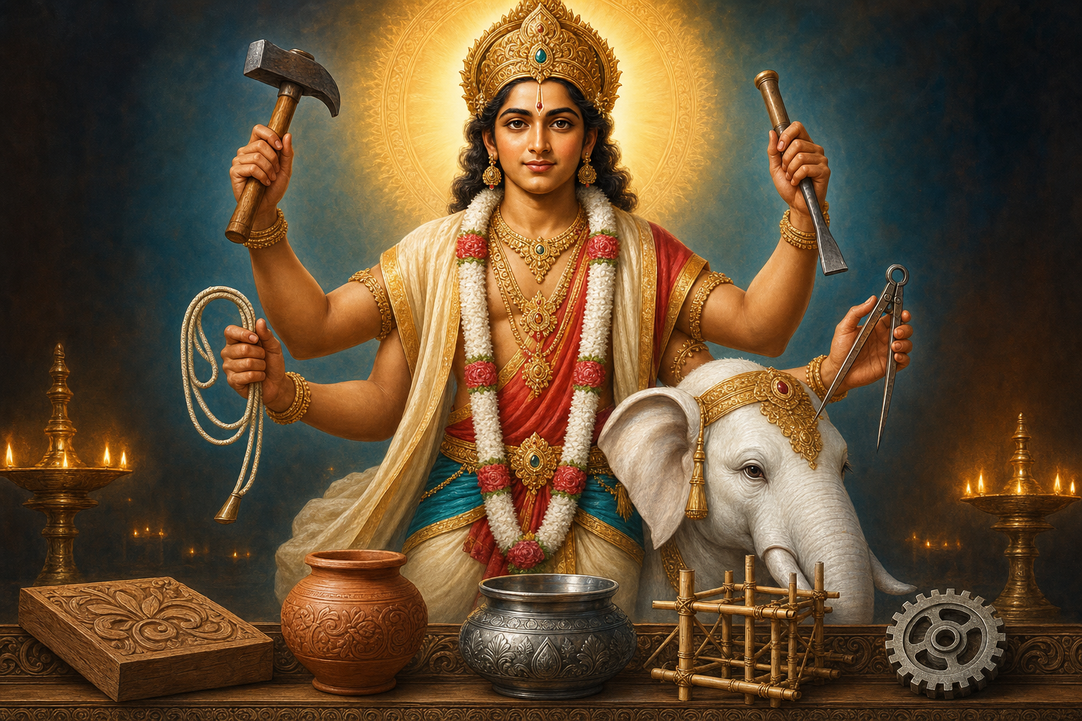 Frontal devotional illustration of youthful Vishwakarma with a halo, artisan tools, a white elephant, and objects made from wood, clay, bamboo, and metal.