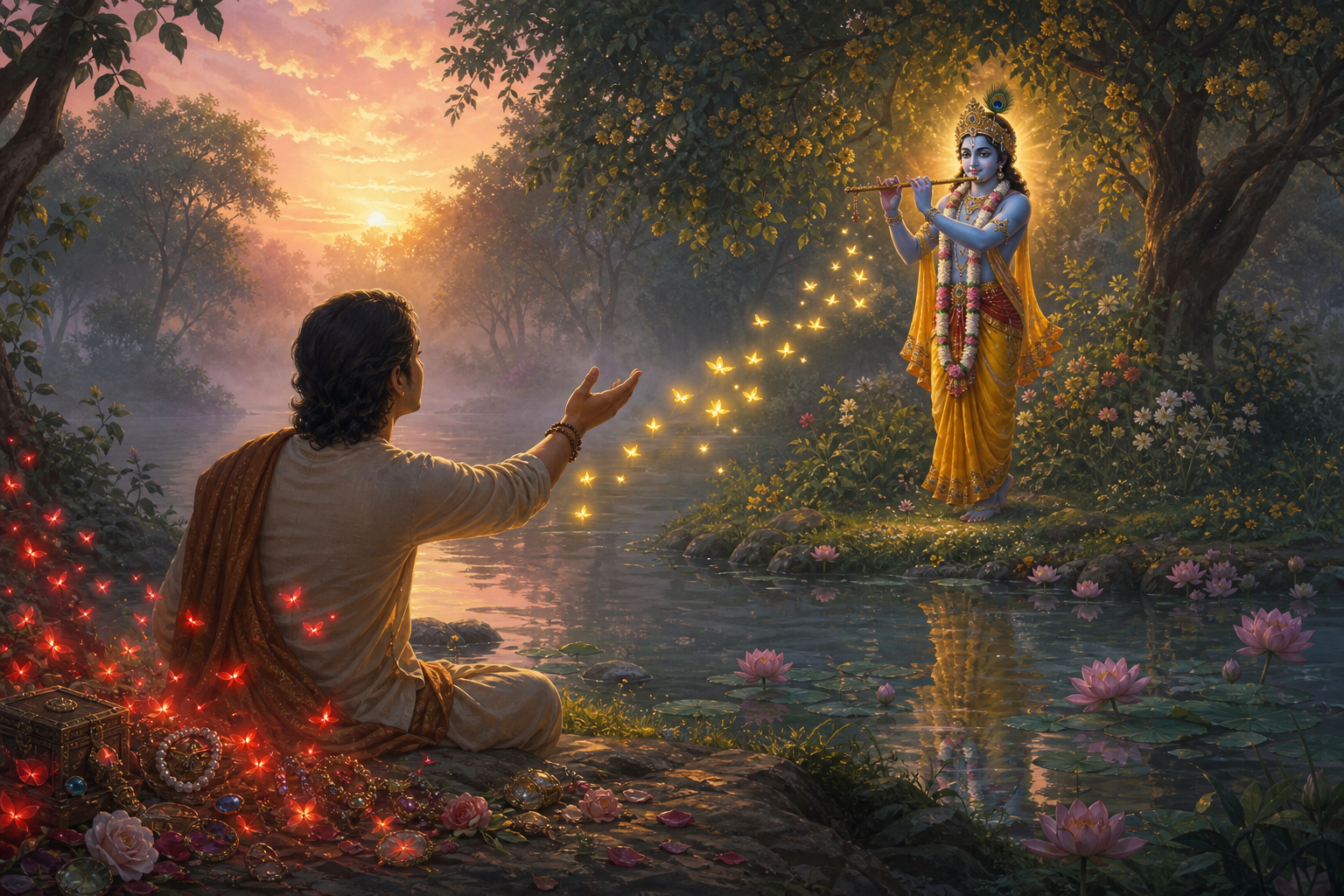 A seeker offers an open hand toward Krishna across a lotus pond as red sparks become golden fireflies.