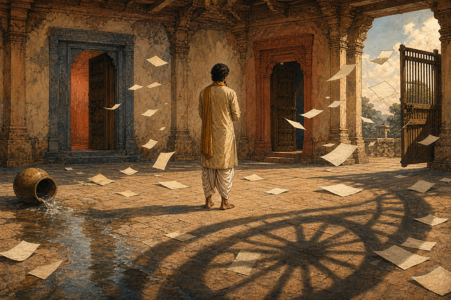 A motionless person stands between two doorways while spilled water, a swinging gate, scattered papers, and a turning wheel show events continuing around them.