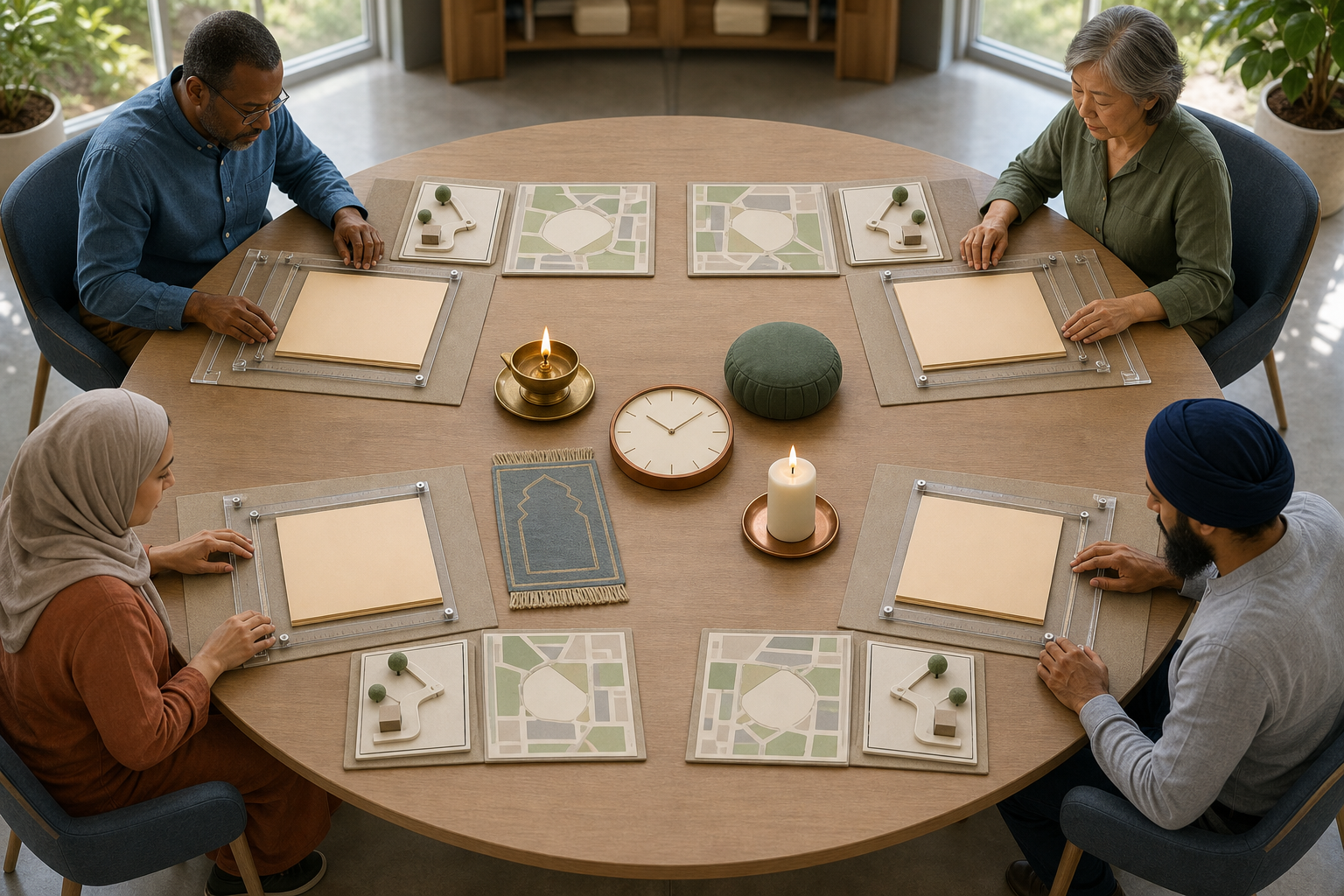 Reviewers examine four identical blank applications beside objects representing different religious and contemplative traditions using the same planning tools.