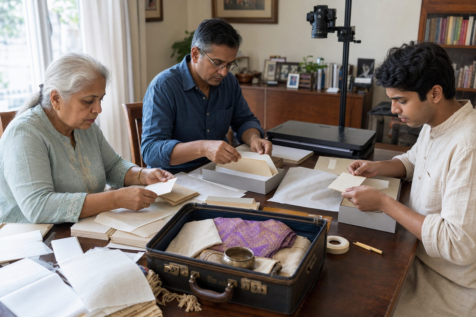 Three generations of a family move photographs, papers, a folded textile, and a small vessel from an old suitcase into archival storage materials.