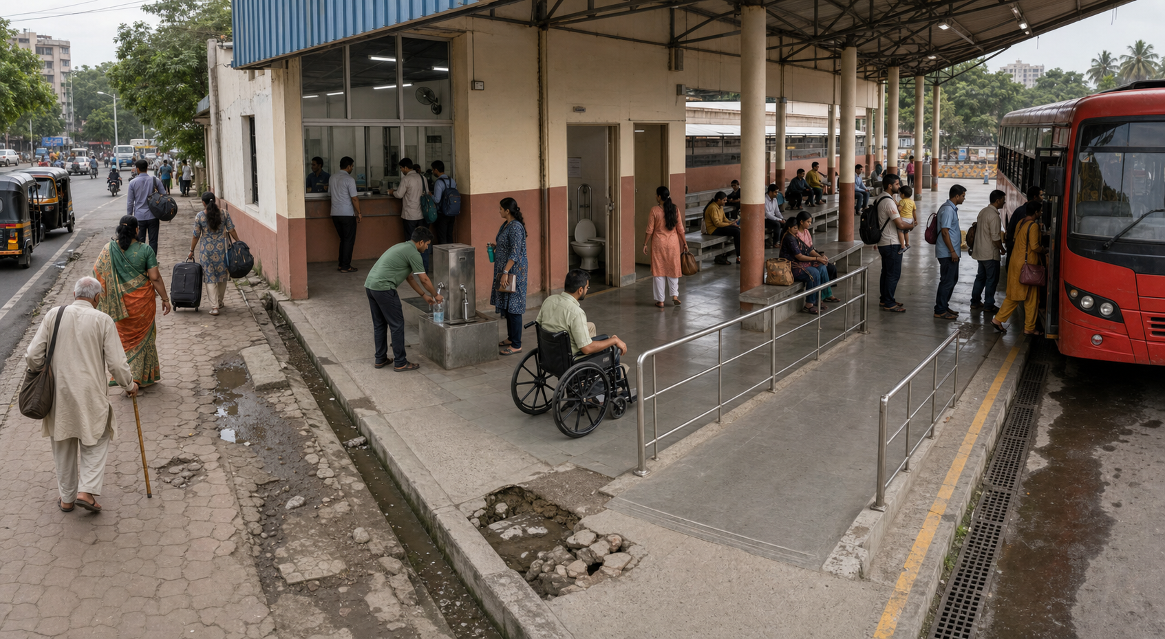 Passengers of different ages and mobility levels move from the entrance through ticketing, toilets, seating, and boarding areas at a Maharashtra bus depot.