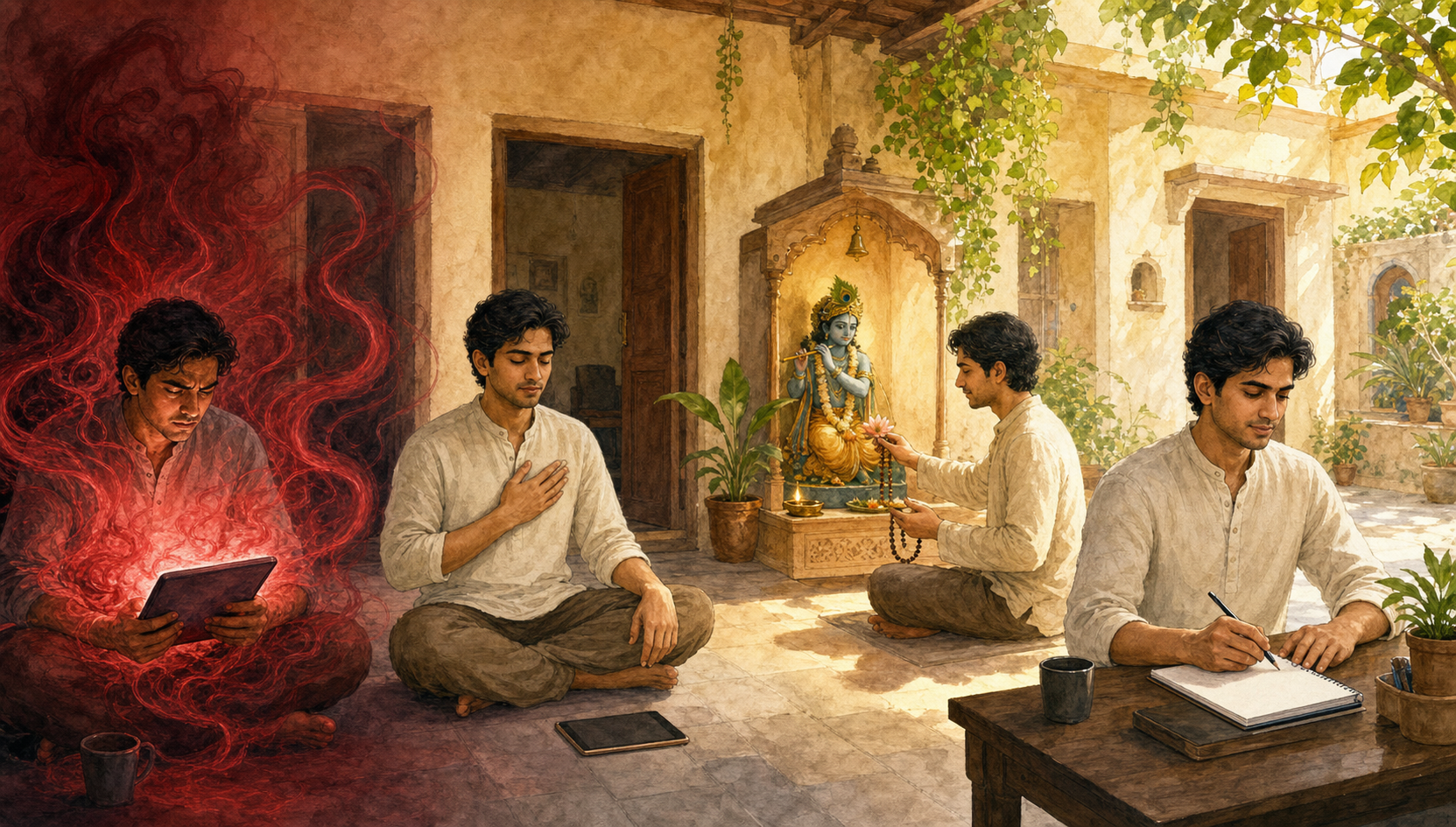 Four connected courtyard scenes show one person noticing an urge, setting down a screen, praying with beads and returning to unfinished work.