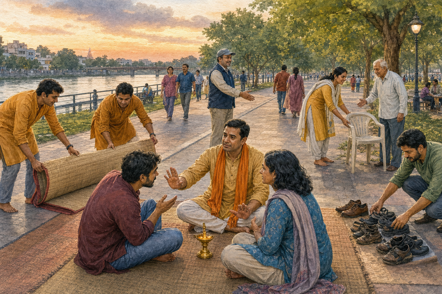 A Hindu organizer calms a supporter as volunteers widen a park path, relocate prayer materials, and welcome a concerned neighbor into discussion.