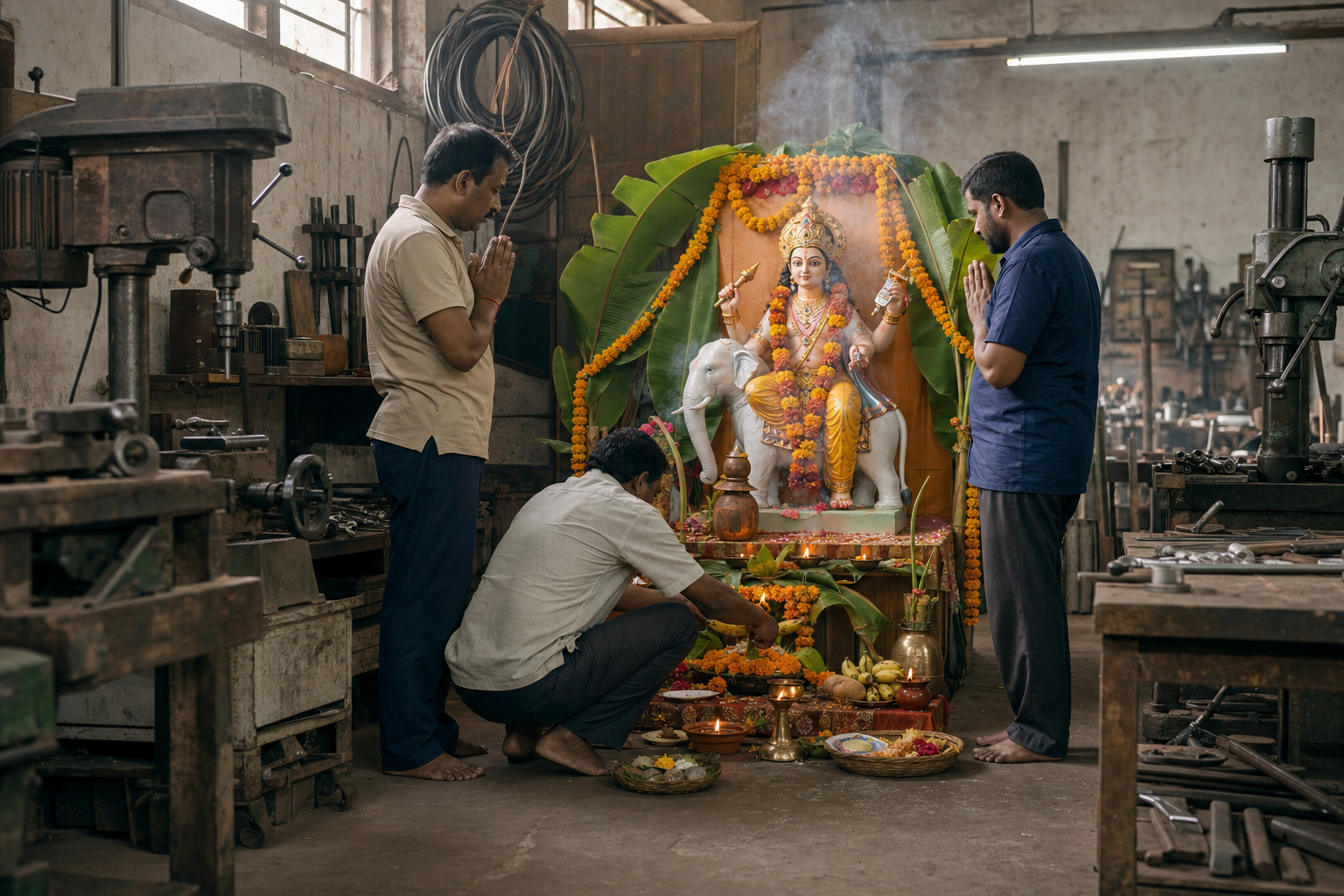 Craftspeople gather around a flower-decorated youthful Vishwakarma shrine among tools and idle machinery in a Bengali workshop.