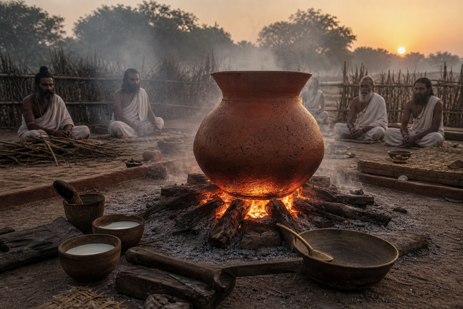 A heated reddish earthen Mahavira vessel stands over a sacrificial fire as Vedic officiants sit nearby in an open-air ritual enclosure at sunrise.