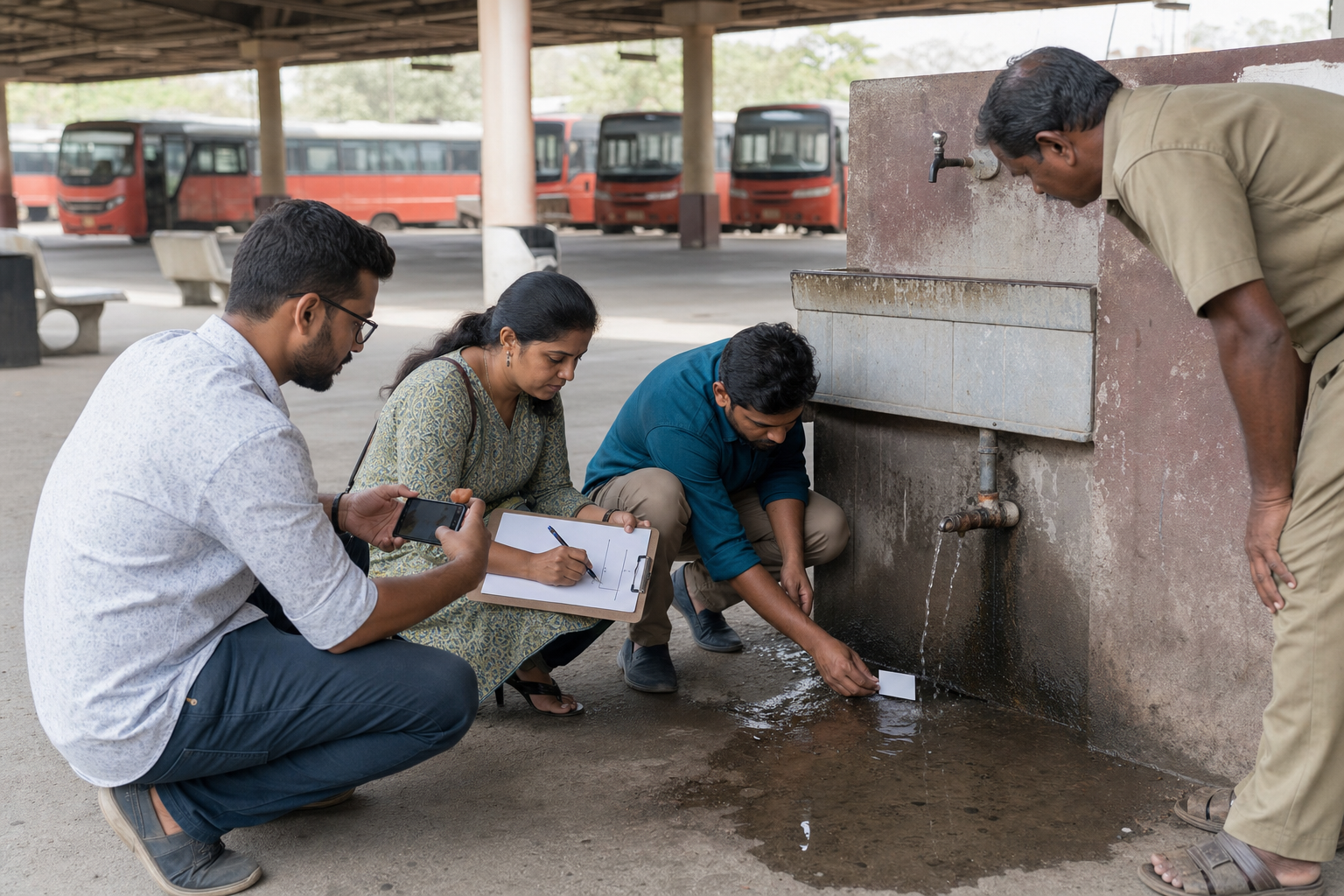 A commuter group photographs and records a leaking drinking-water fixture while a maintenance worker examines the defect.