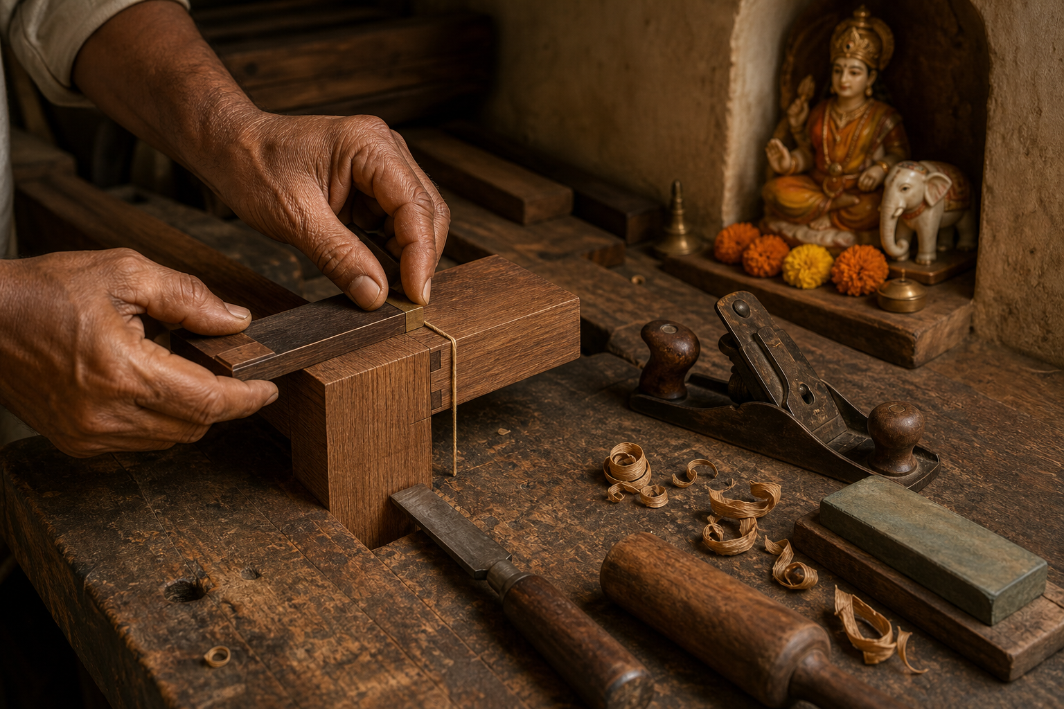 An artisan checks a wooden joint with a square and measuring cord while a small youthful Vishwakarma shrine stands in the background.