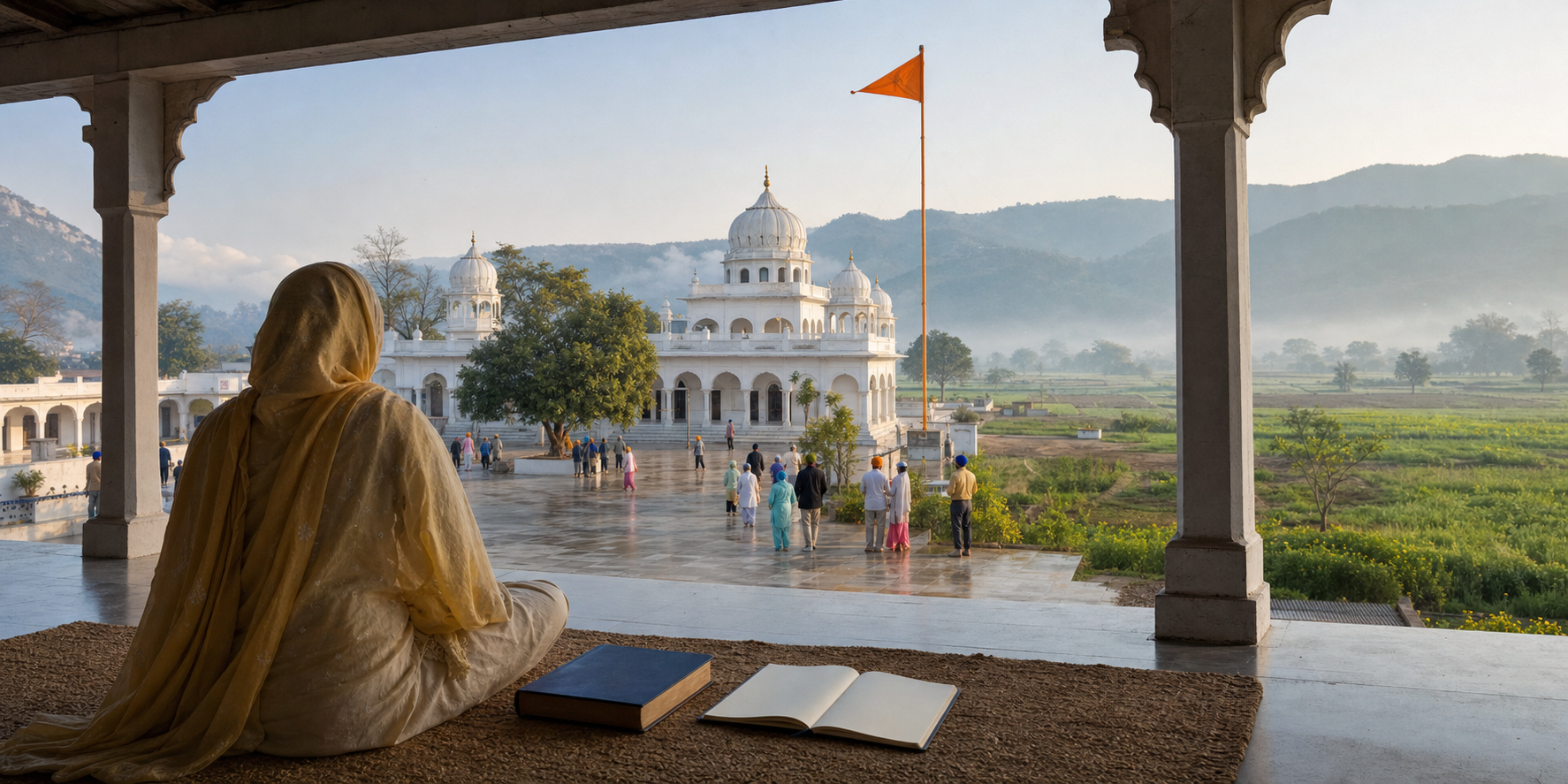 A reader overlooks a white Sikh gurdwara complex, pilgrims, cultivated fields, and the Shivalik foothills in a contemplative Punjab landscape.