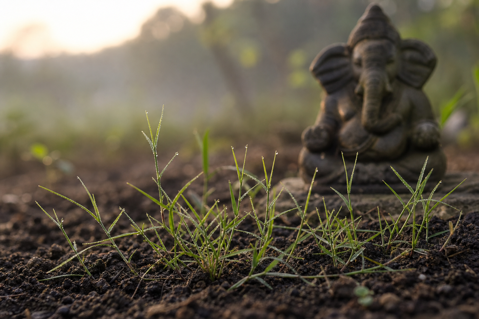 Fresh durva grass with dew grows close to the earth in front of a softly focused stone Ganesha murti.