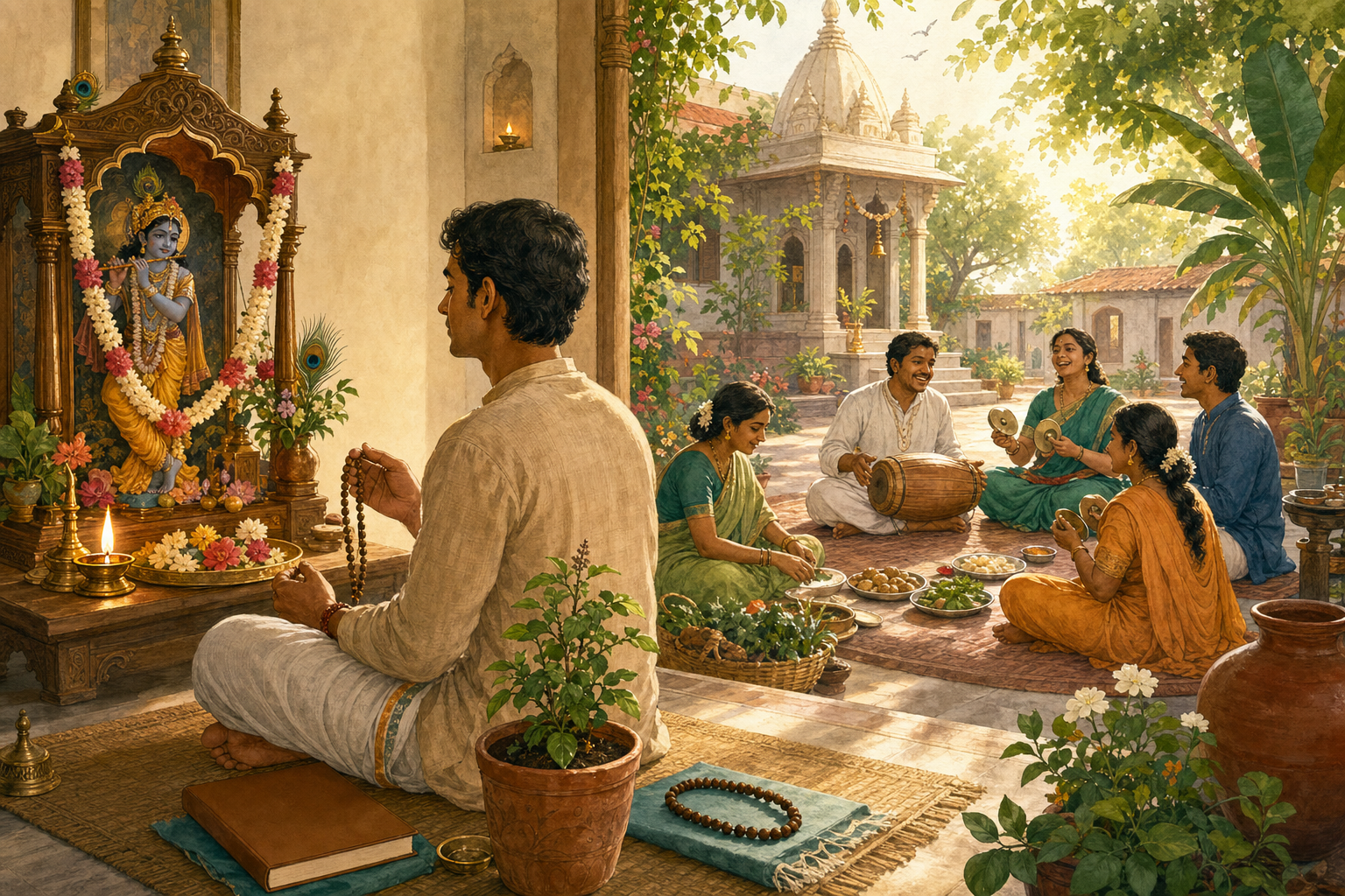 A sunlit home and courtyard contain a Krishna altar, prayer beads, tulasi plant, simple food and a small devotional gathering.
