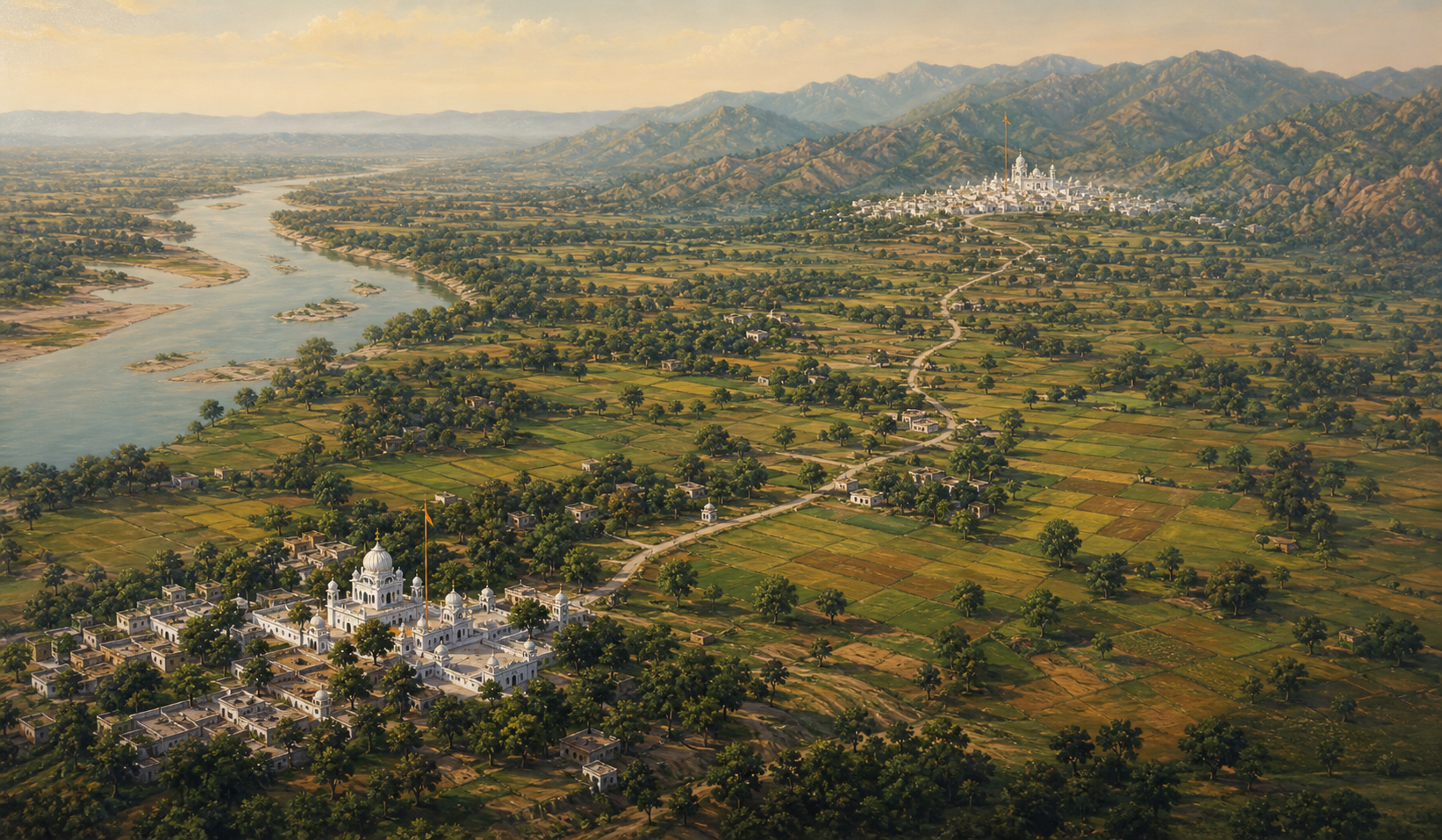 A conceptual aerial view shows two separated Sikh sacred towns connected by a road through Punjab fields near the Shivalik foothills.