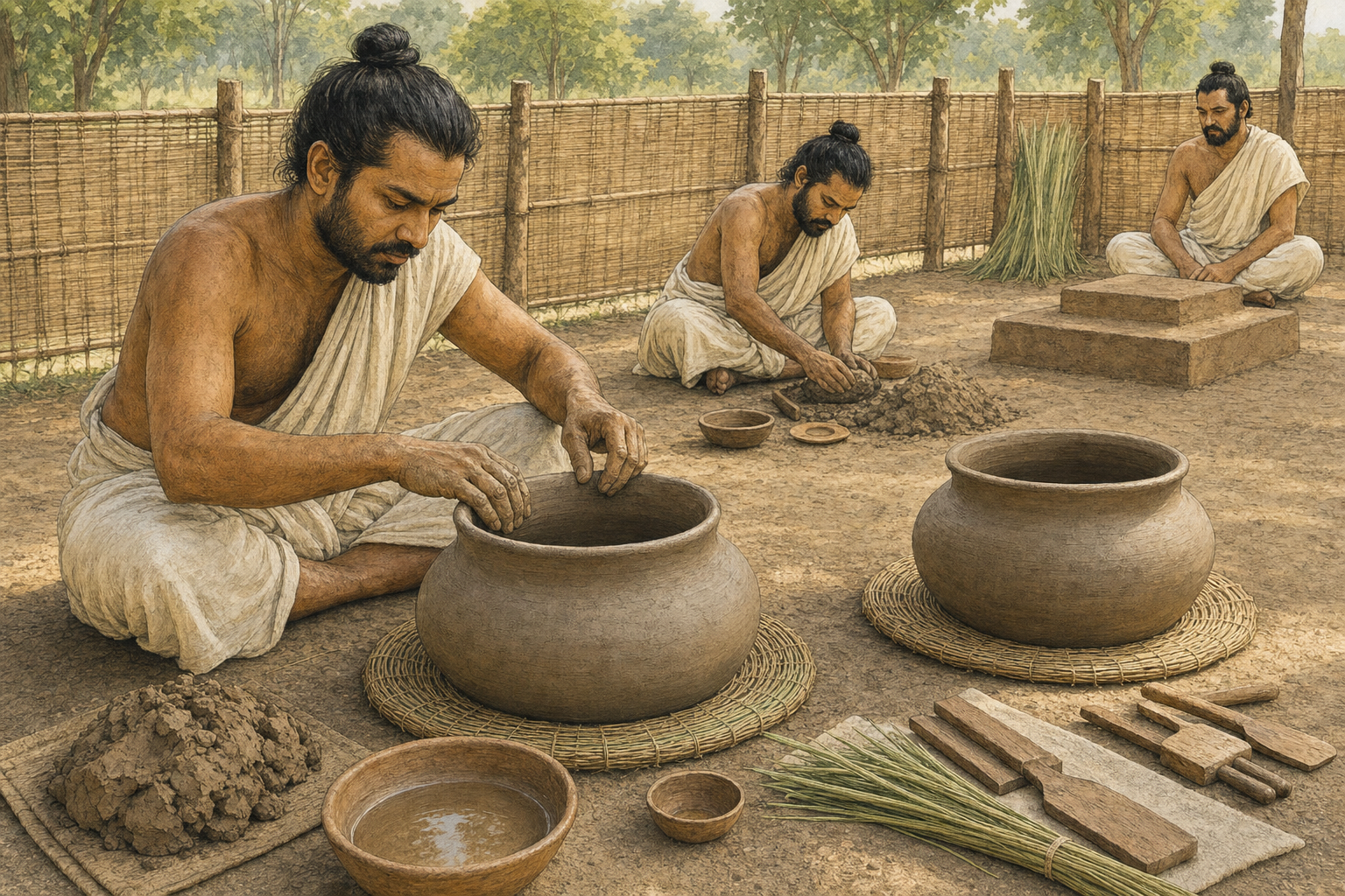Ritual specialists shape an empty clay Mahavira vessel by hand beside prepared materials in an open-air sacrificial enclosure.