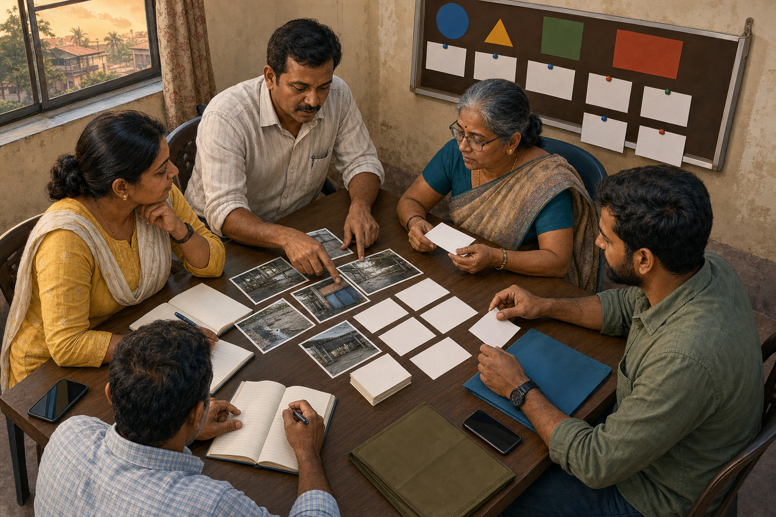 Five local commuters organize depot photographs, blank issue cards, and notebooks around a community-room table after an inspection.