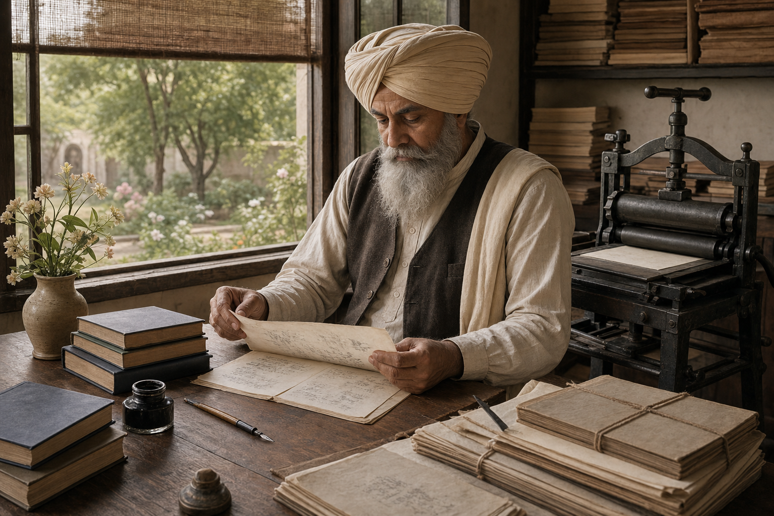 An imagined early twentieth-century Sikh poet-editor works at a wooden desk beside a small printing press, books, papers, and a garden window.