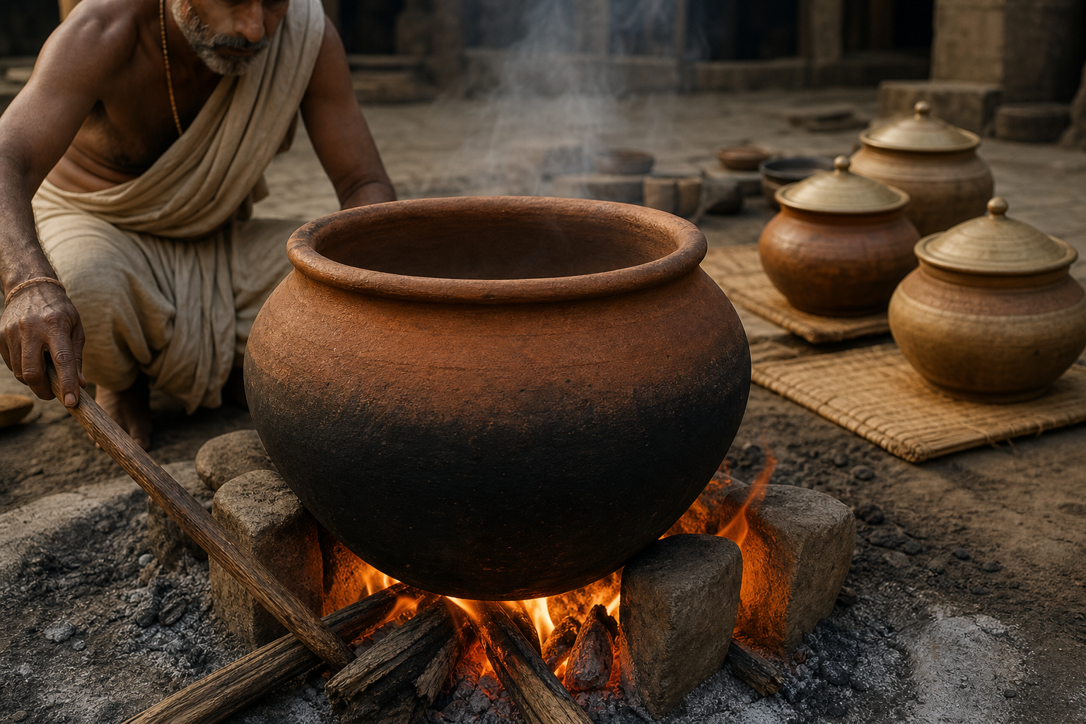 An empty Mahavira vessel is heated over a controlled sacrificial fire while milk vessels remain separate in the background.