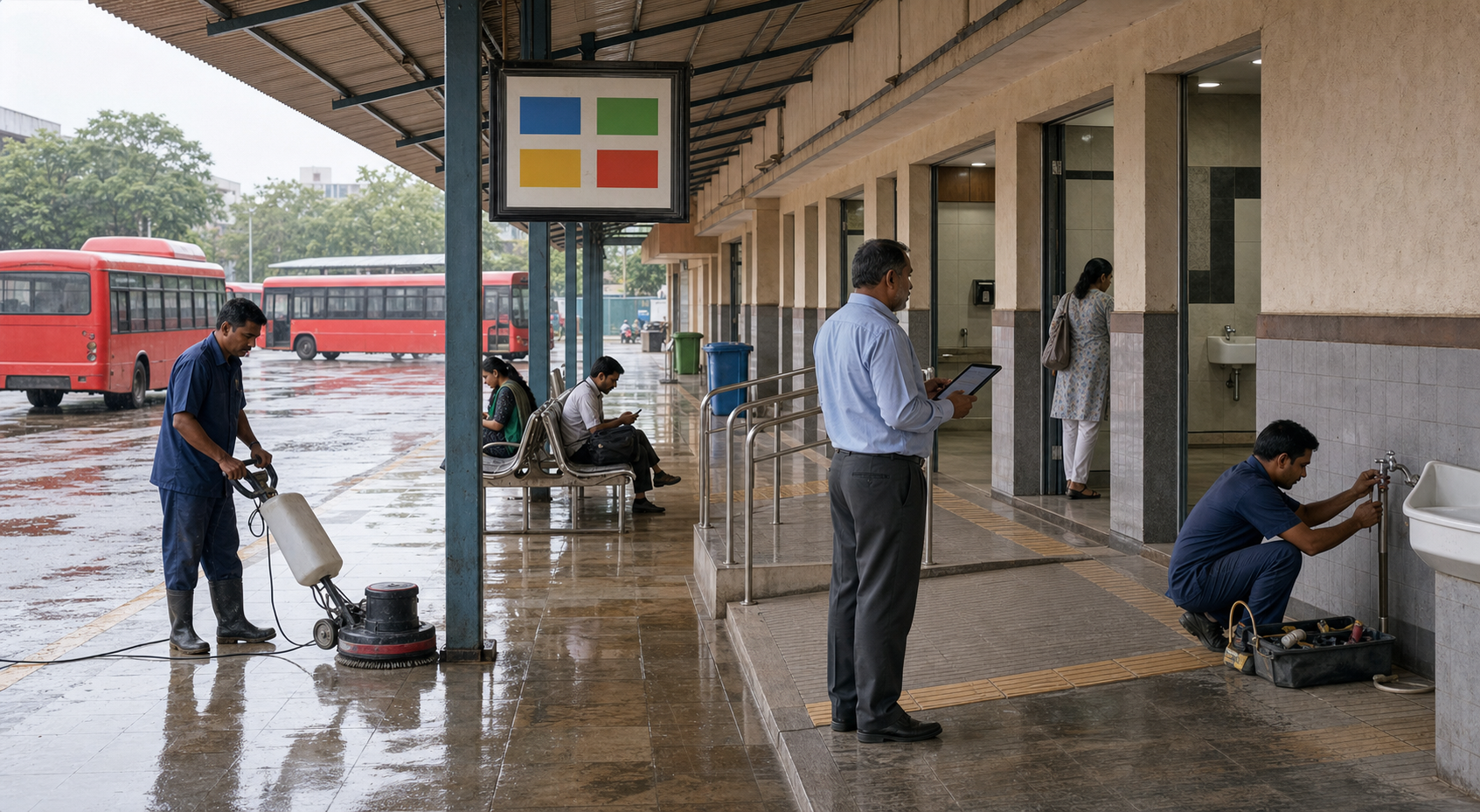 Depot staff carry out routine cleaning, plumbing, and facility checks while passengers use a clean, accessible bus depot.
