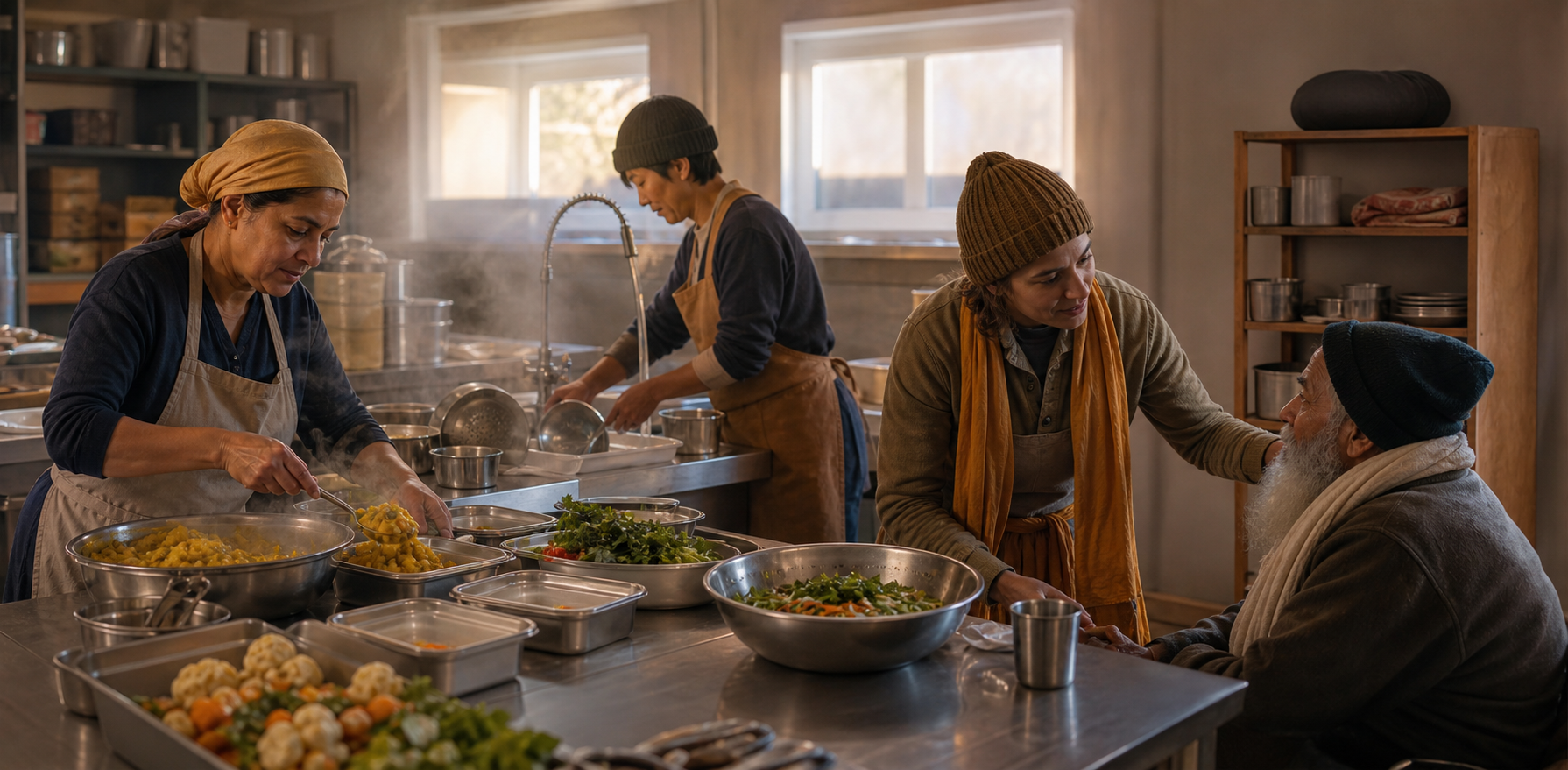 Volunteers calmly prepare and portion meals together in a sunlit community kitchen while an older guest sits nearby.