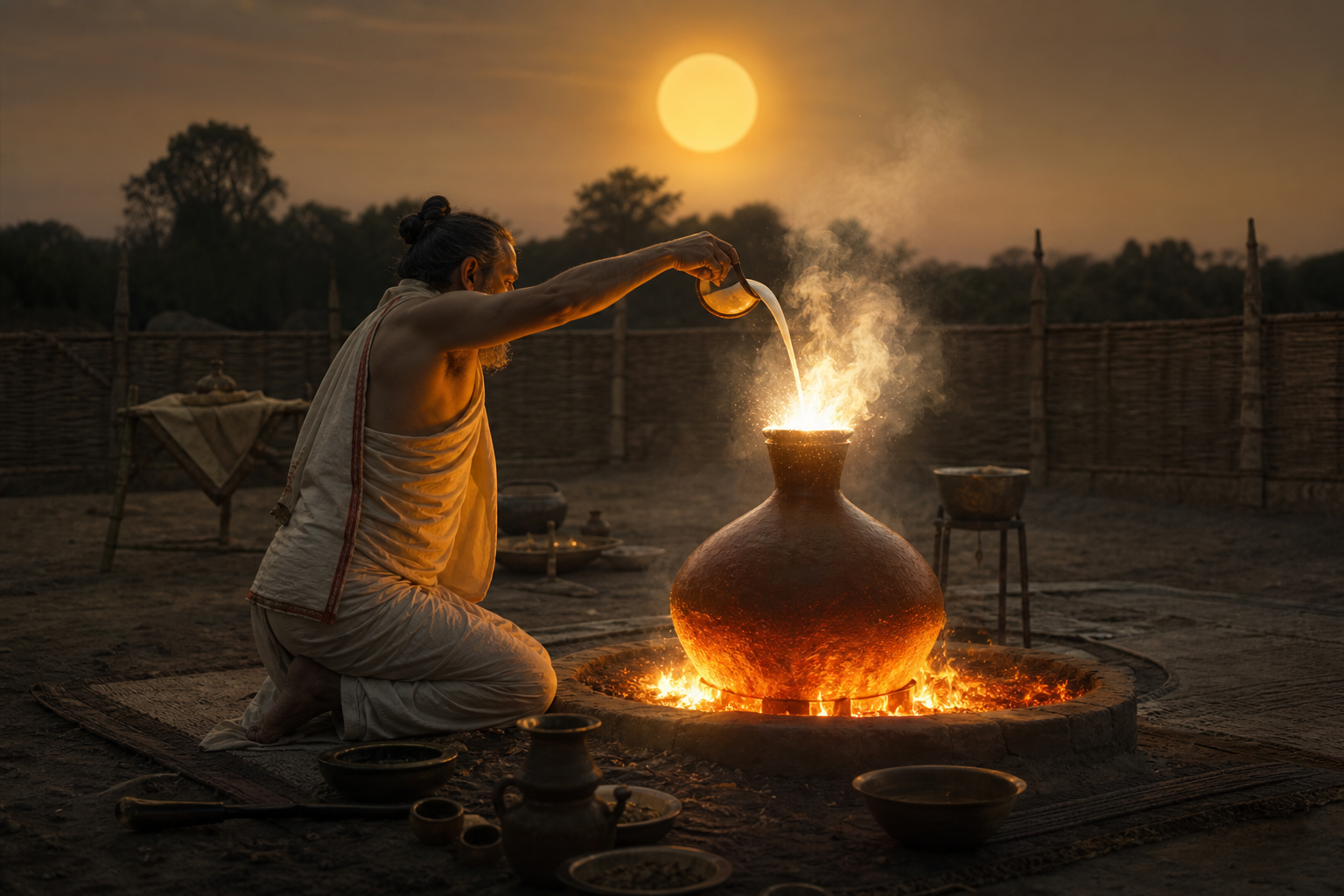 Milk is poured into a glowing heated Mahavira vessel as steam and flame rise beneath a golden sun aligned above the pot.