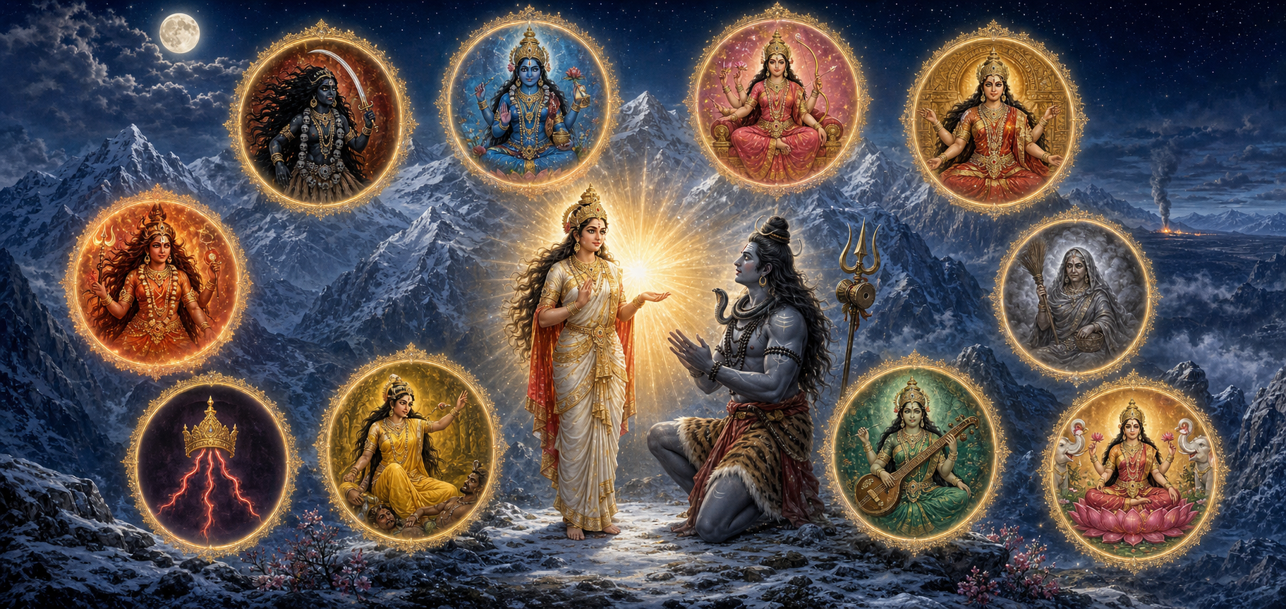 Sati reveals ten distinct goddess forms around Shiva at Mount Kailash while the distant glow of Daksha's yajna remains beyond the mountains.