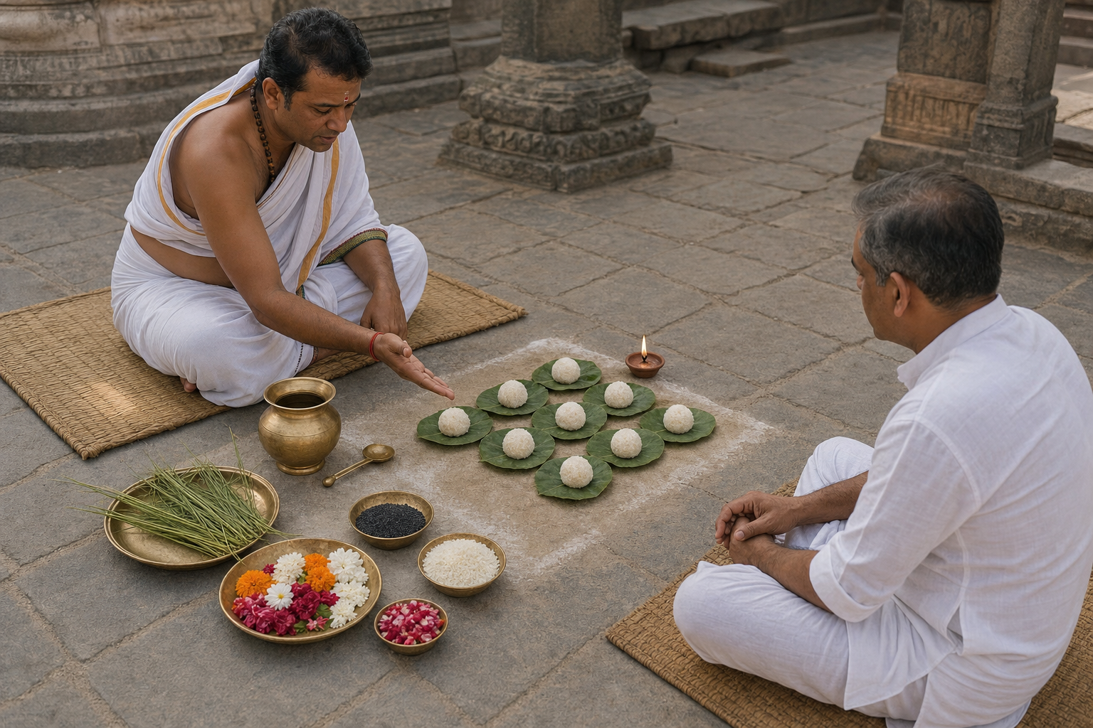 A Hindu priest prepares brass vessels, darbha grass, sesame, flowers, leaf plates, and rice pindas while a seated pilgrim observes.