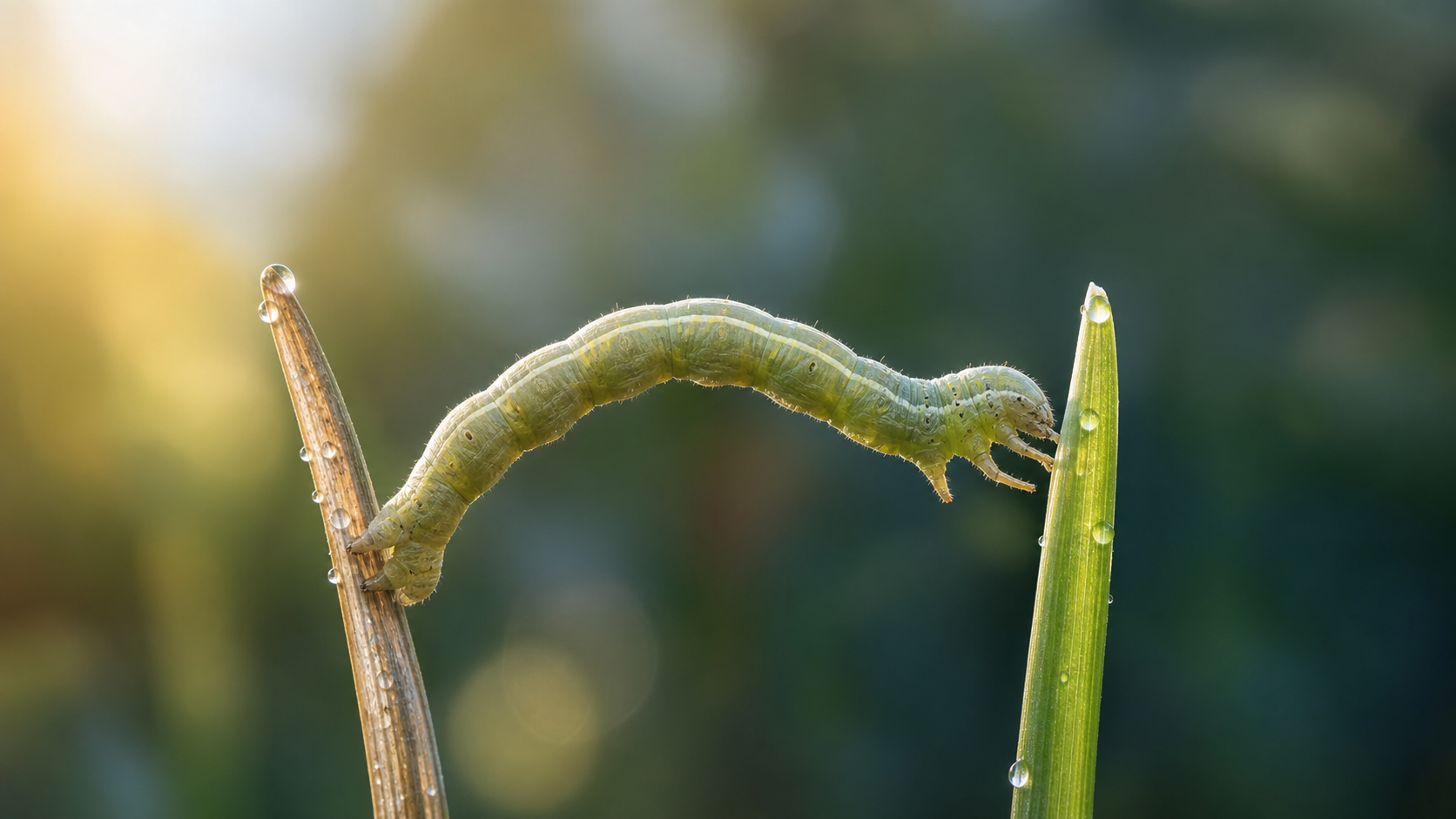 A green caterpillar bridges two blades of grass, gripping the older blade behind it while reaching a fresh blade with its front legs.