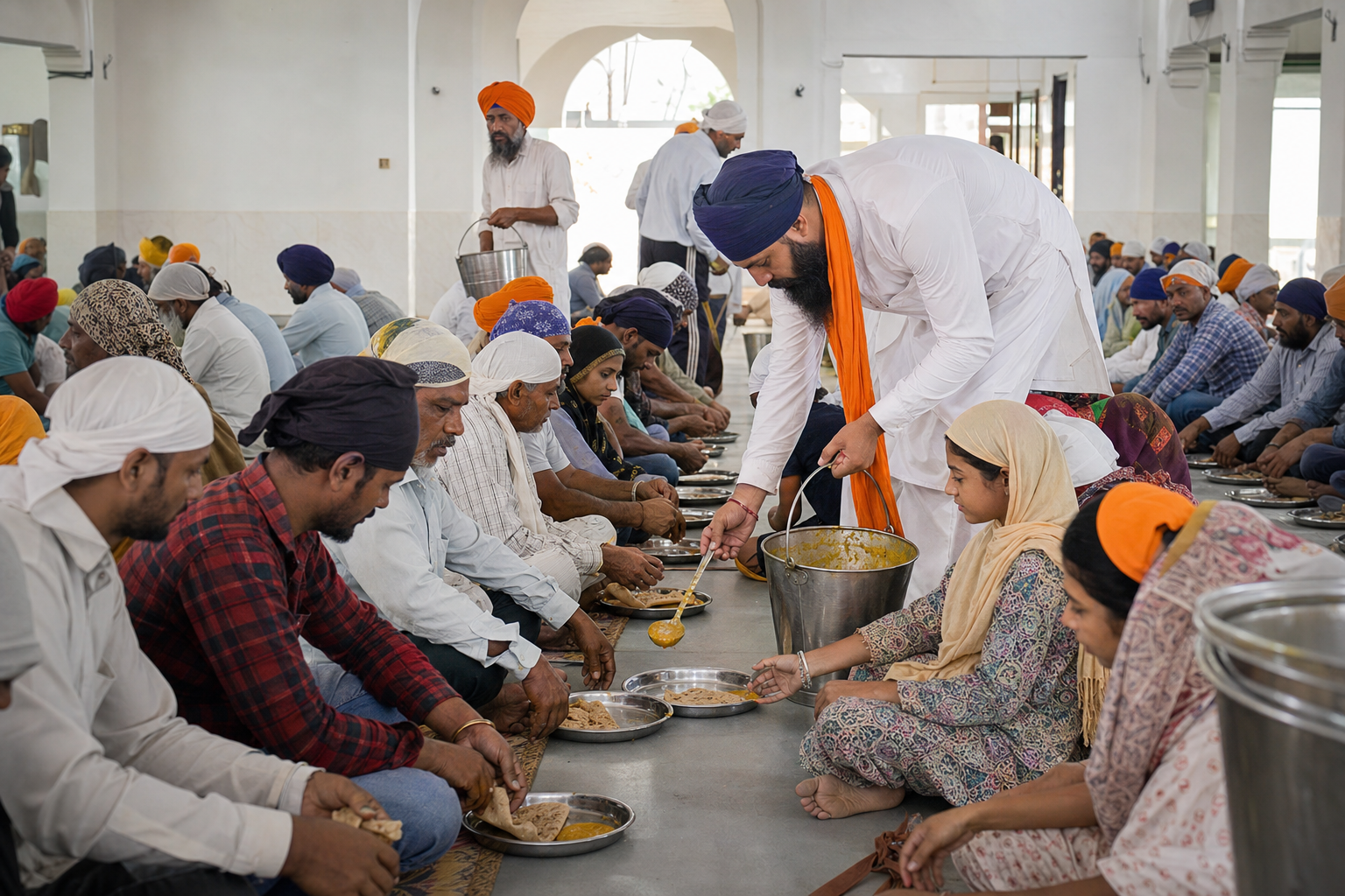Head-covered visitors sit in rows in a gurdwara langar hall while Sikh volunteers serve dal and roti on steel plates.
