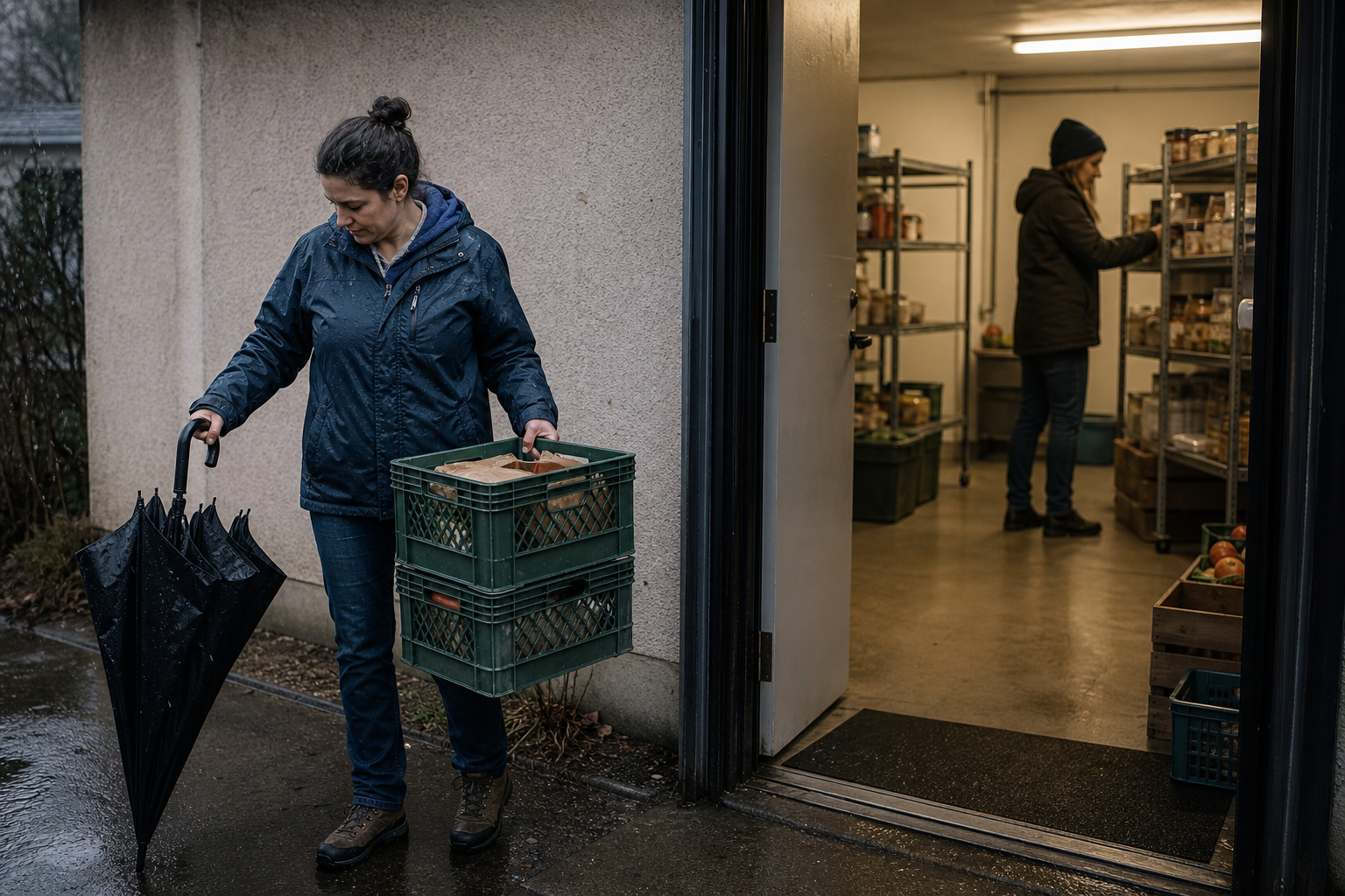 A volunteer carries grocery crates into a neighborhood food pantry on a rainy morning.