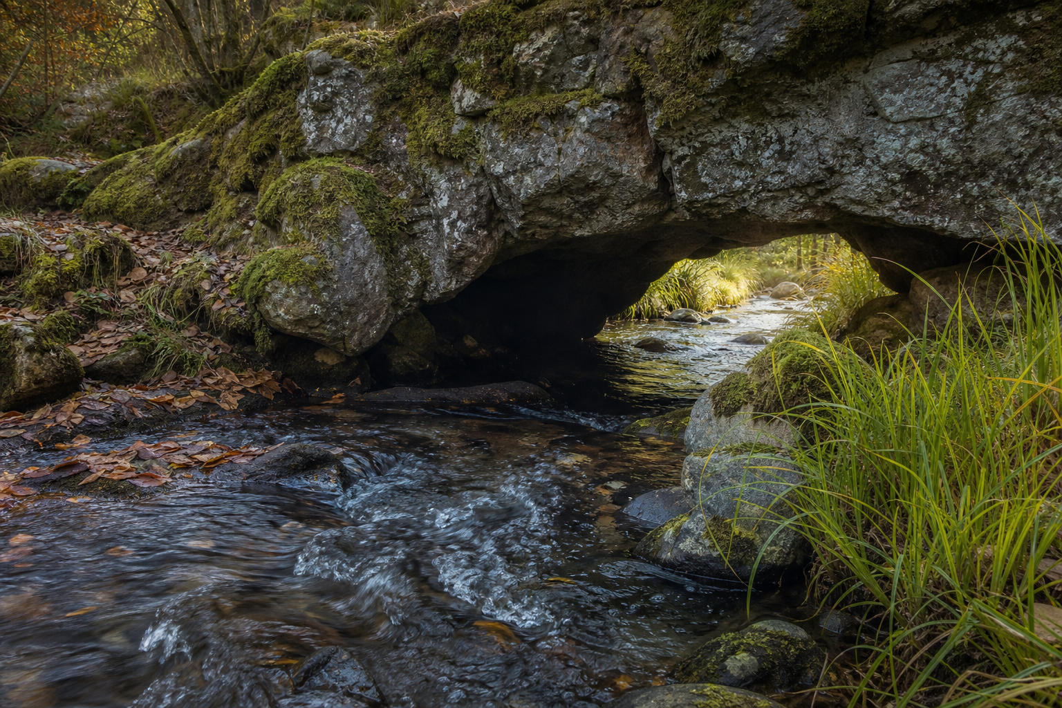 A stream disappears beneath a stone ridge and emerges in sunlight beyond it, with the connecting passage hidden from view.