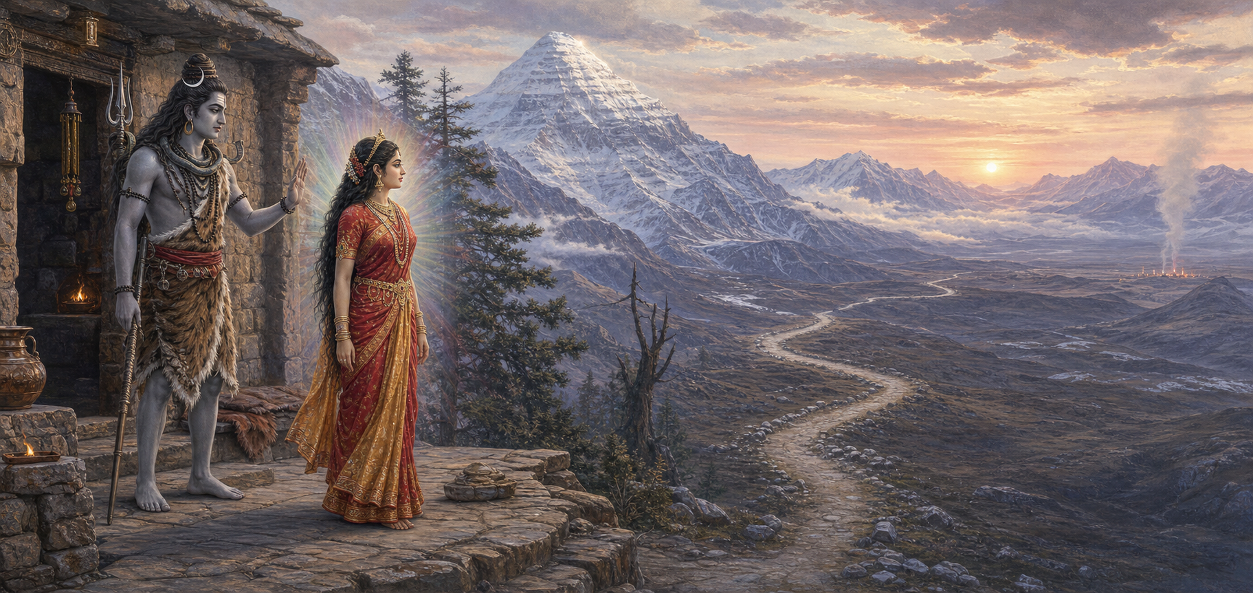 Sati and Shiva speak at their Himalayan dwelling while Daksha's fire ritual appears far away beyond a winding mountain path.