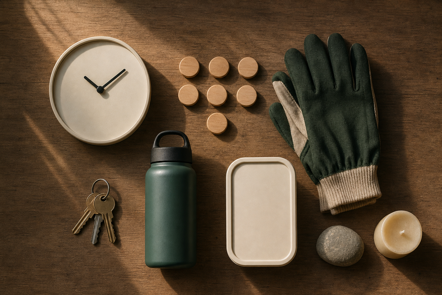 Work gloves, keys, a clock, food container, wooden tokens, and an unlit candle are arranged neatly on a table.