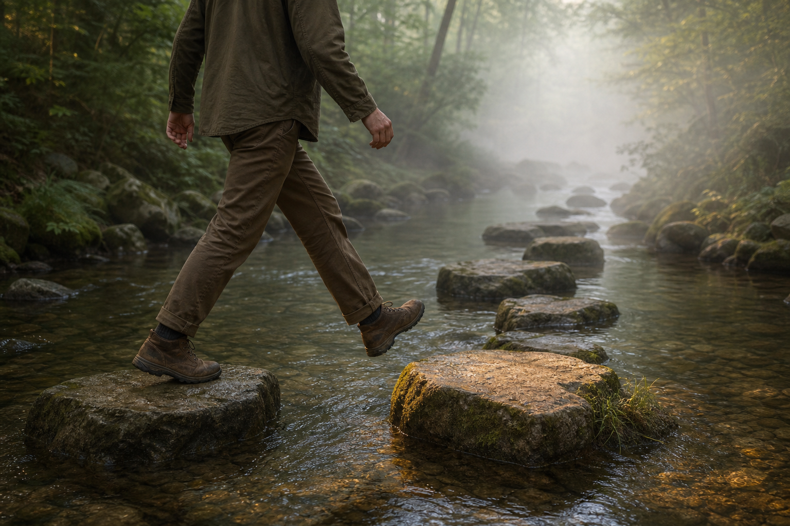 A traveler steps toward the nearest sunlit stone while crossing a shallow stream, as the farther path fades into mist.