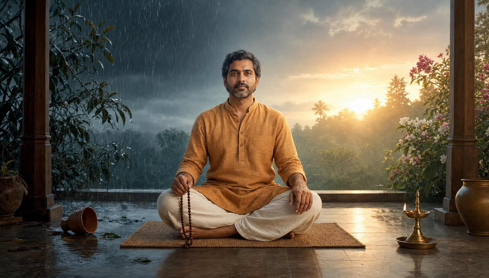 A calm South Asian practitioner sits with a wooden prayer mala between a rain-darkened garden and a sunlit flowering garden.