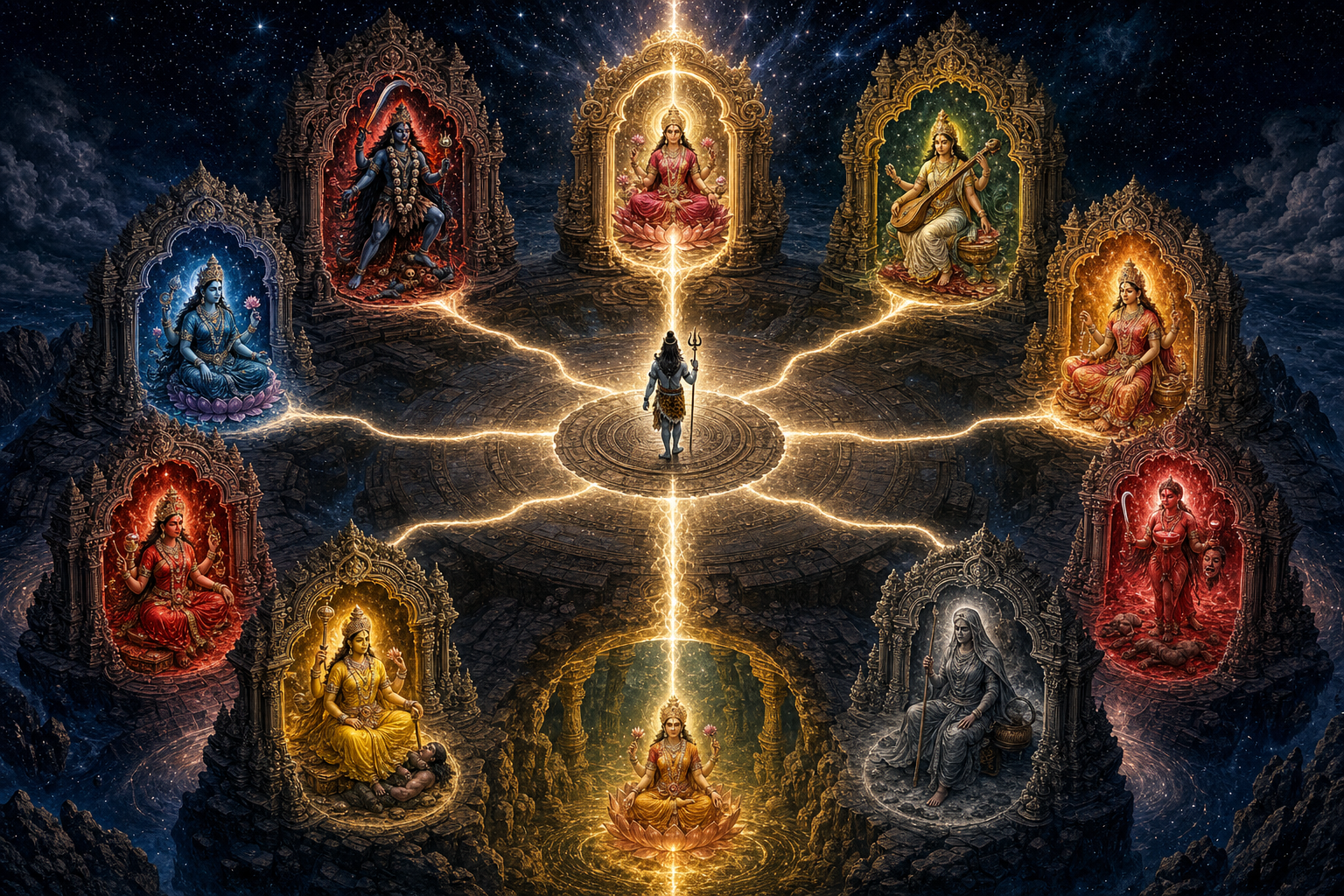 Shiva stands at the center of ten radiant directional gateways, each occupied by a distinct manifestation of the Divine Feminine.